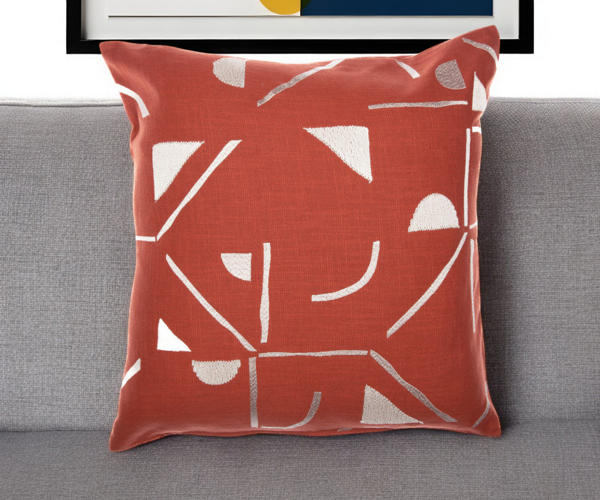 24" Orange and Ivory Geometric Cotton Blend Throw Pillow  With Embroidery-0