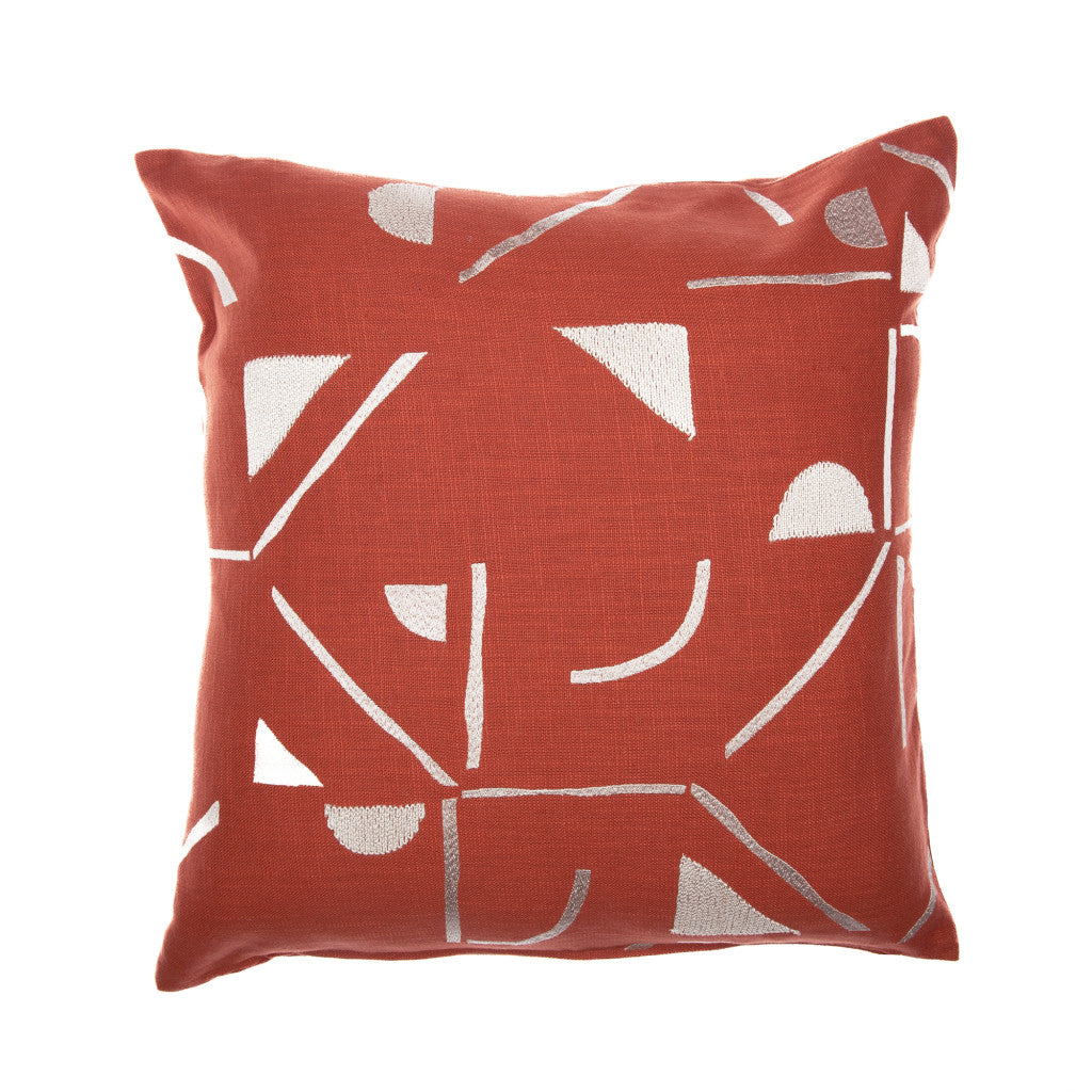 24" Orange and Ivory Geometric Cotton Blend Throw Pillow  With Embroidery-1