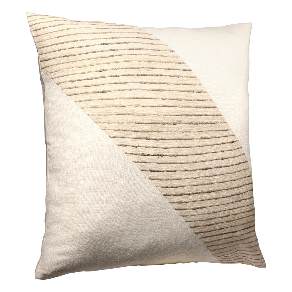 24" Beige and White Geometric Silk Throw Pillow With Embroidery-3
