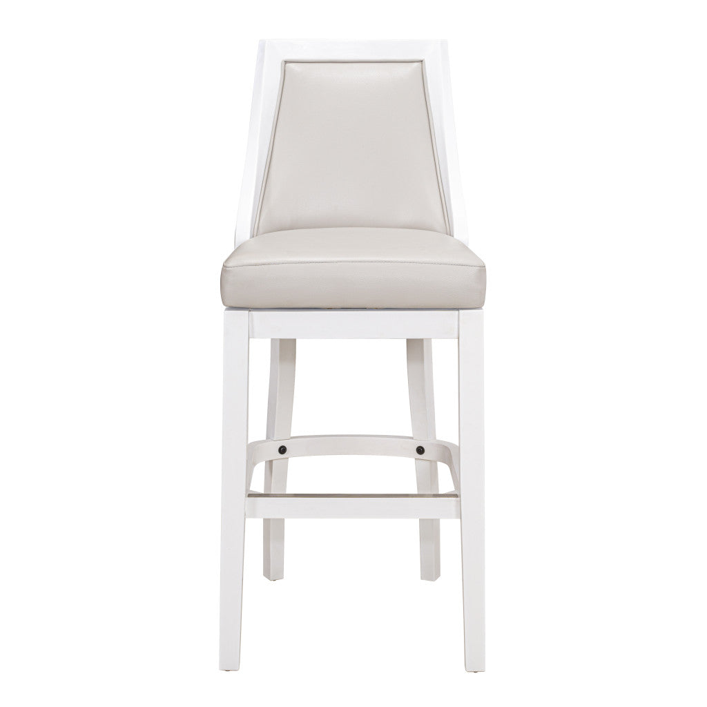 31" Gray And White Faux Leather And Solid Wood Bar Height Swivel Bar Chair-1