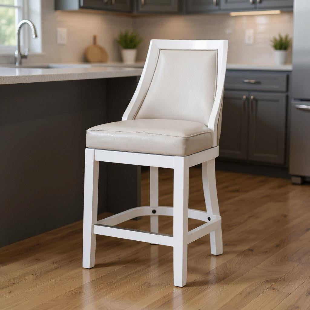 26" Gray And White Faux Leather And Solid Wood Counter Height Swivel Bar Chair-0