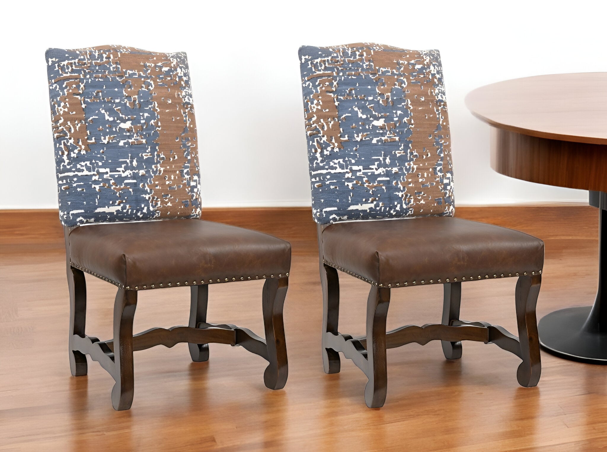 Set of Two Blue And Brown Solid Wood Upholstered Chenille And Leather Dining Side Chairs-0