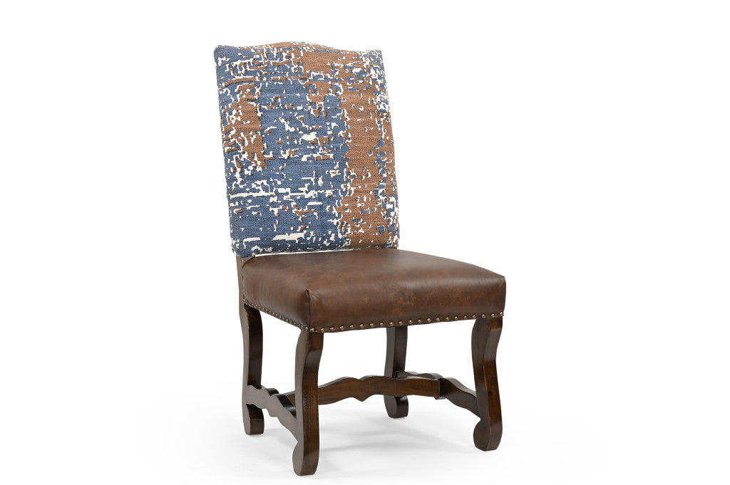 Set of Two Blue And Brown Solid Wood Upholstered Chenille And Leather Dining Side Chairs-1