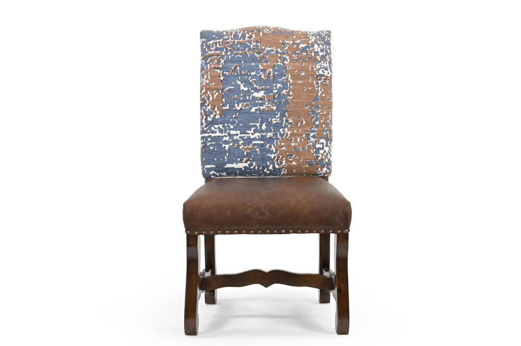 Set of Two Blue And Brown Solid Wood Upholstered Chenille And Leather Dining Side Chairs-2