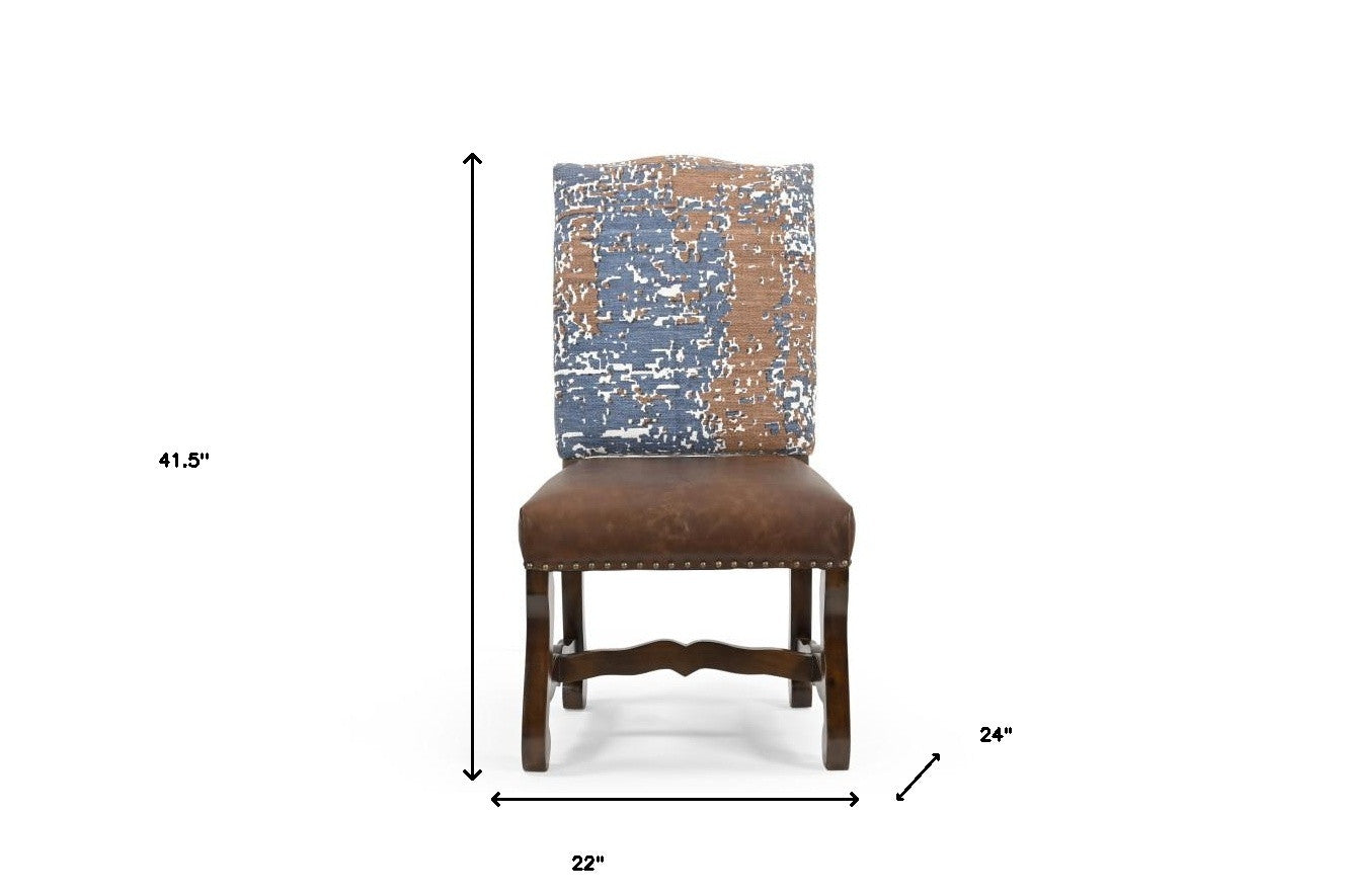 Set of Two Blue And Brown Solid Wood Upholstered Chenille And Leather Dining Side Chairs-7