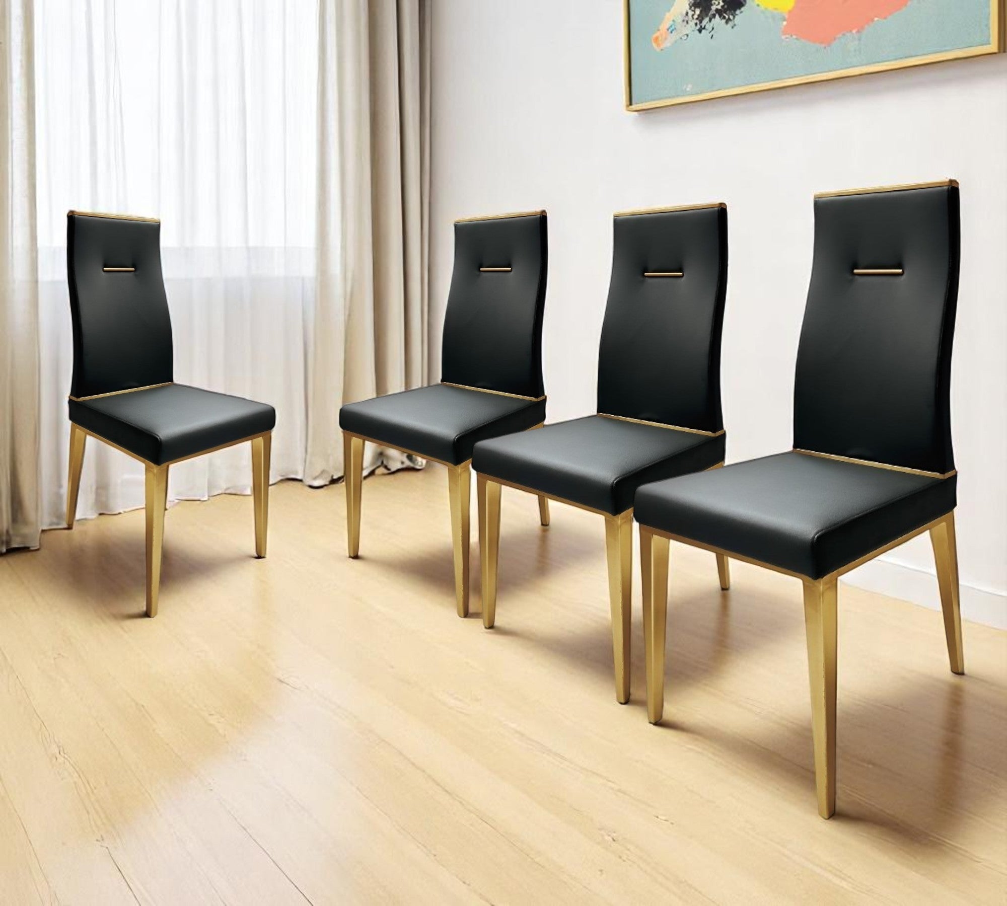 Set of Four Black and Gold Upholstered Faux Leather Dining Side Chairs-0