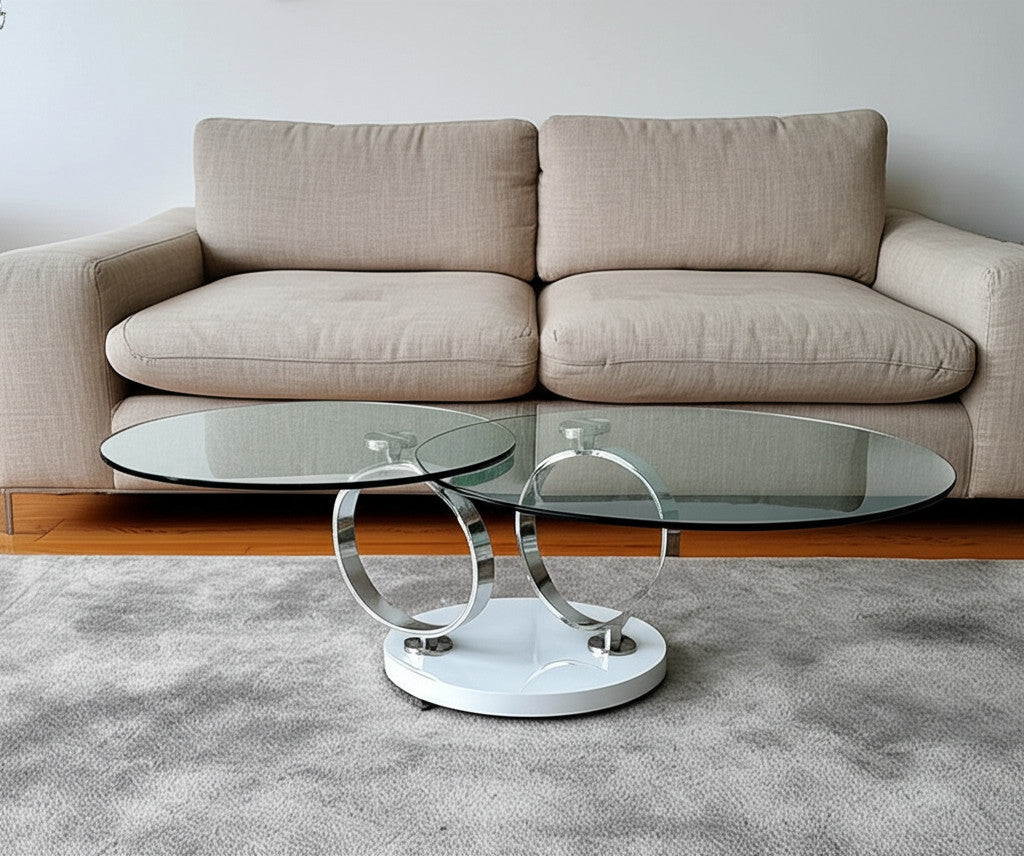 32" Clear White and Silver Glass And Metal Round Abstract Coffee Table-0