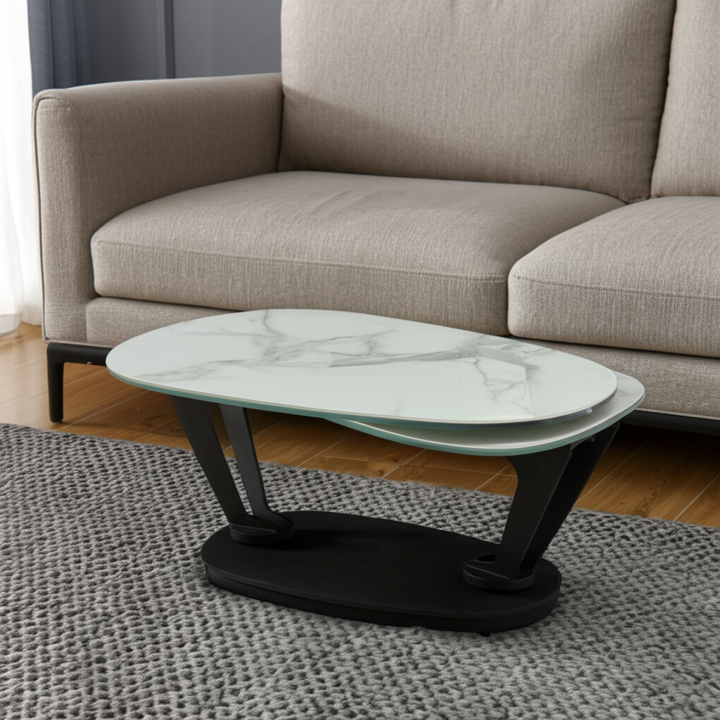 36" White And Black Faux Marble And Metal Oval Coffee Table-0