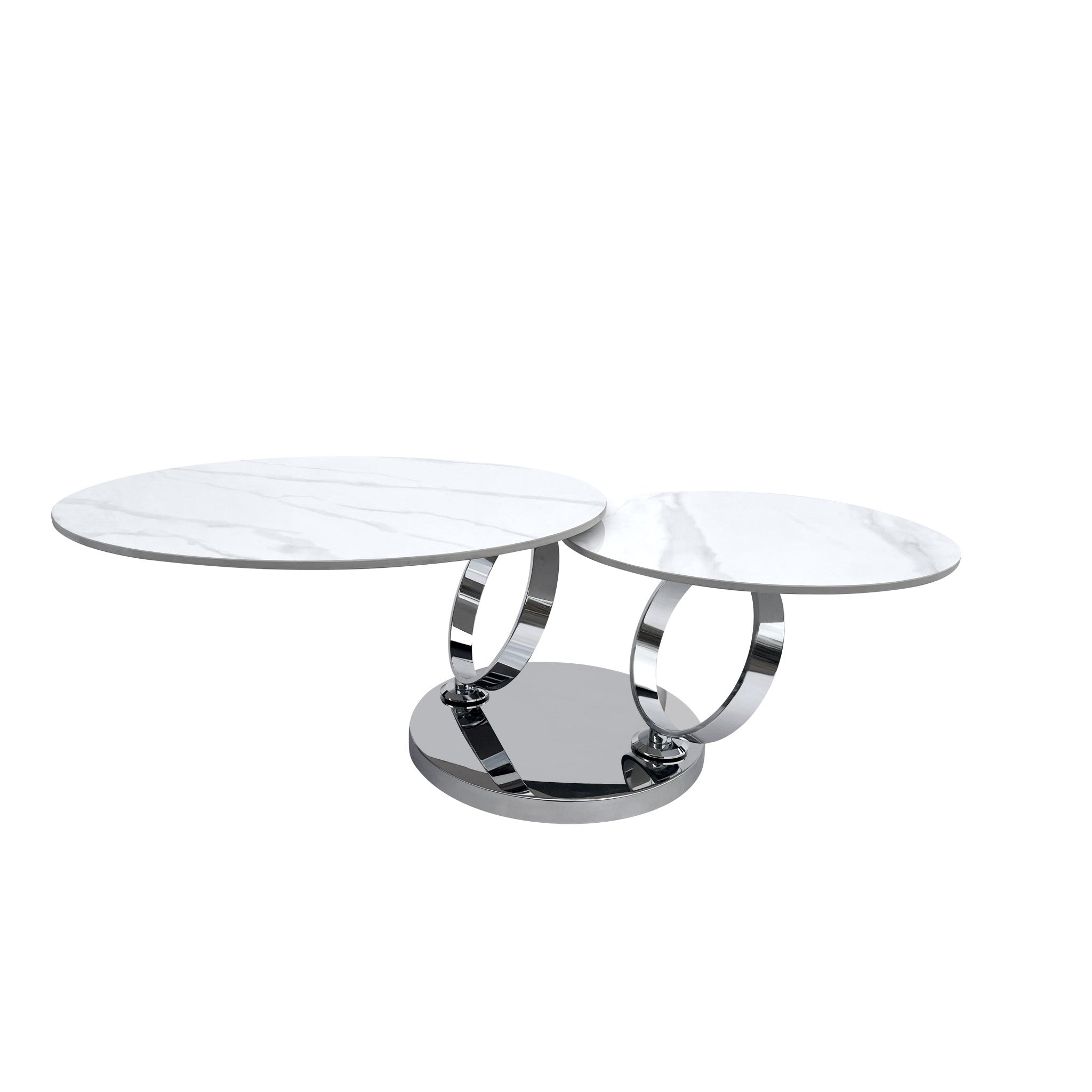 32" White And Silver Ceramic Tile And Metal Round Abstract Coffee Table-2