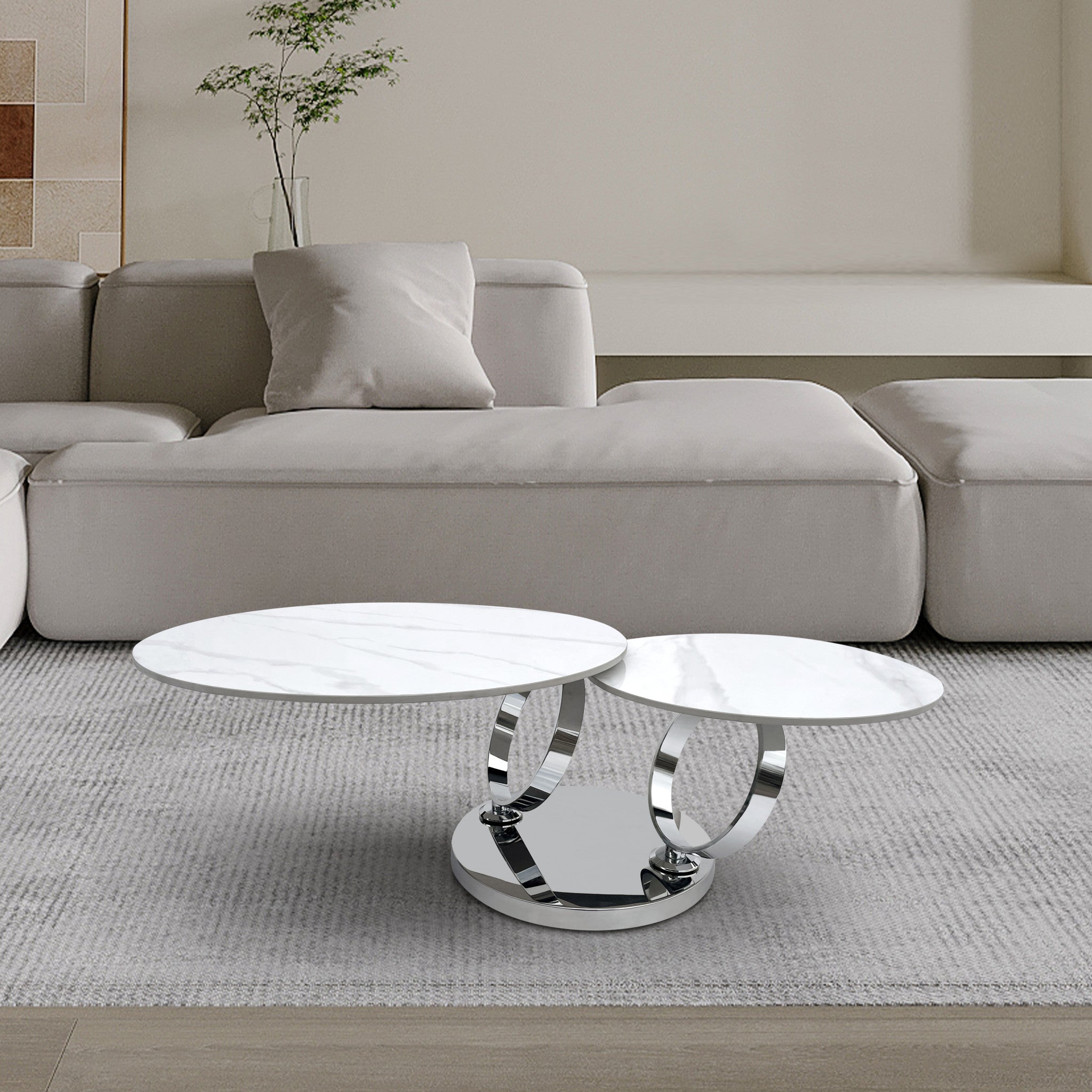 32" White And Silver Ceramic Tile And Metal Round Abstract Coffee Table-5