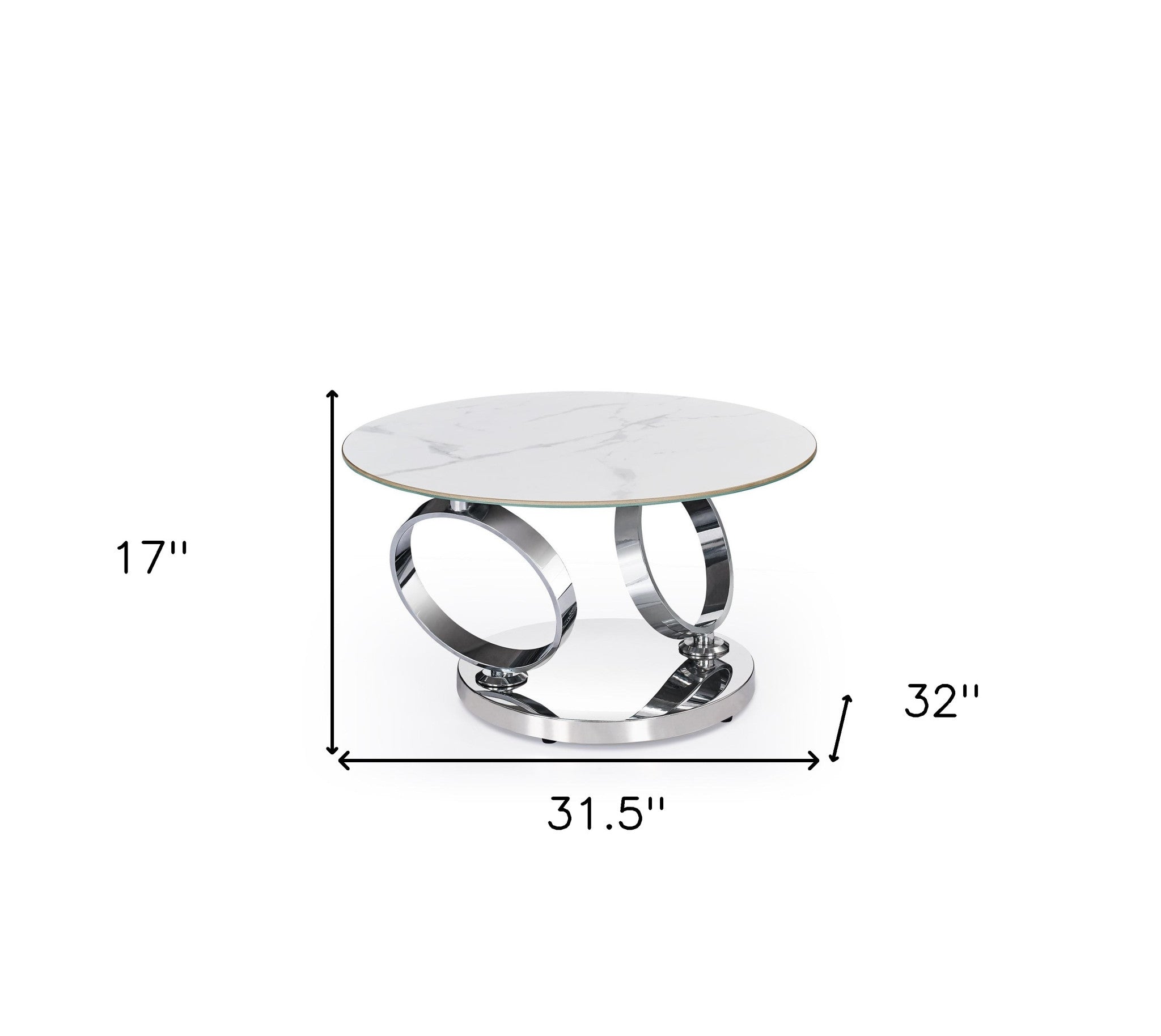 32" White And Silver Ceramic Tile And Metal Round Abstract Coffee Table-6