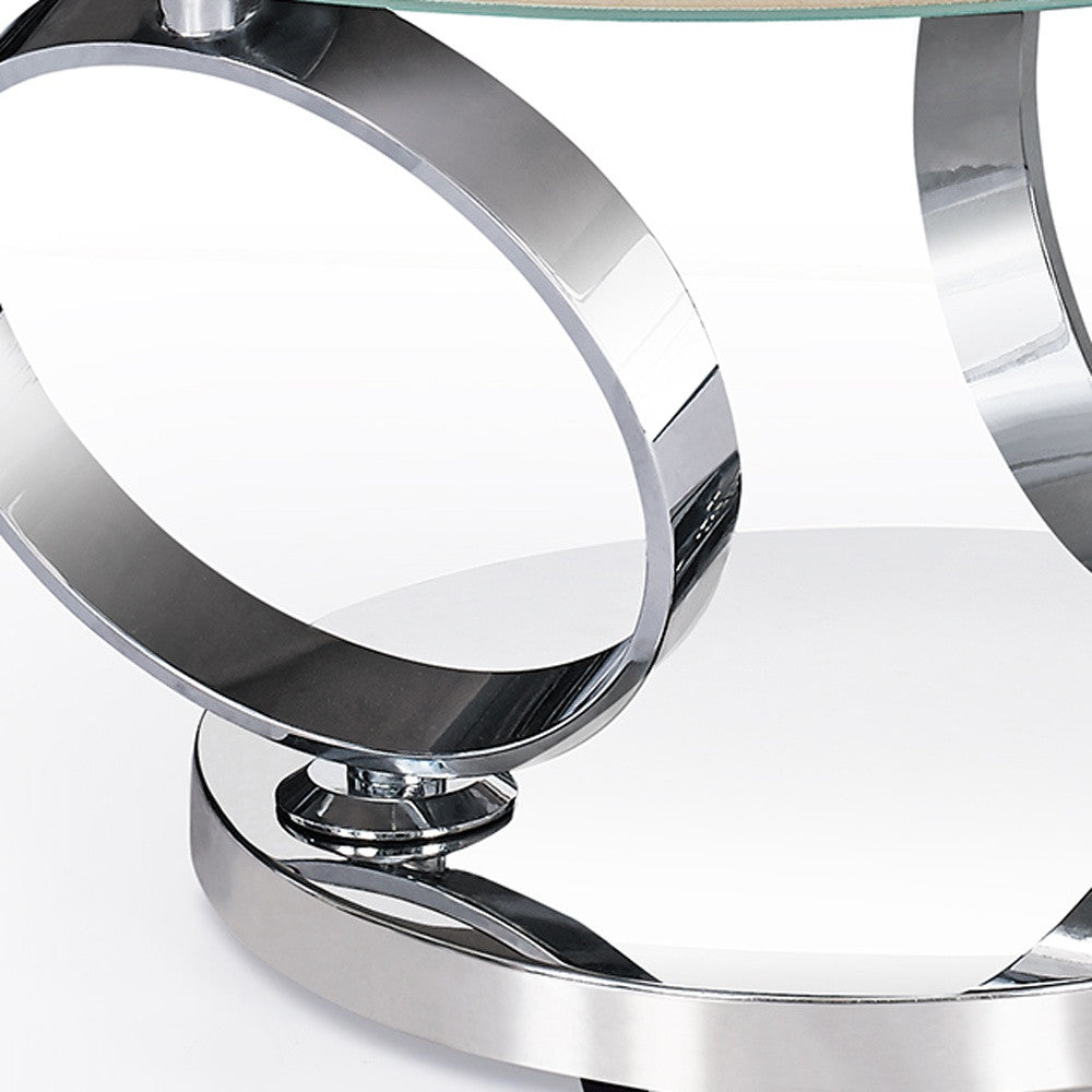 32" White And Silver Ceramic Tile And Metal Round Abstract Coffee Table-3