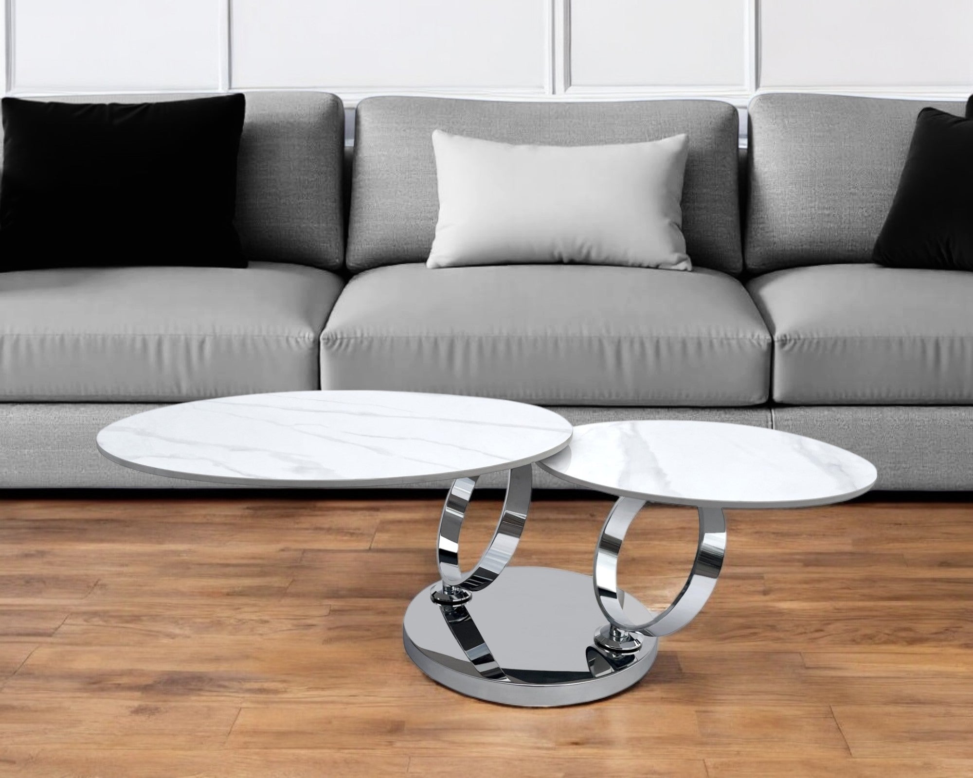 32" White And Silver Ceramic Tile And Metal Round Abstract Coffee Table-0