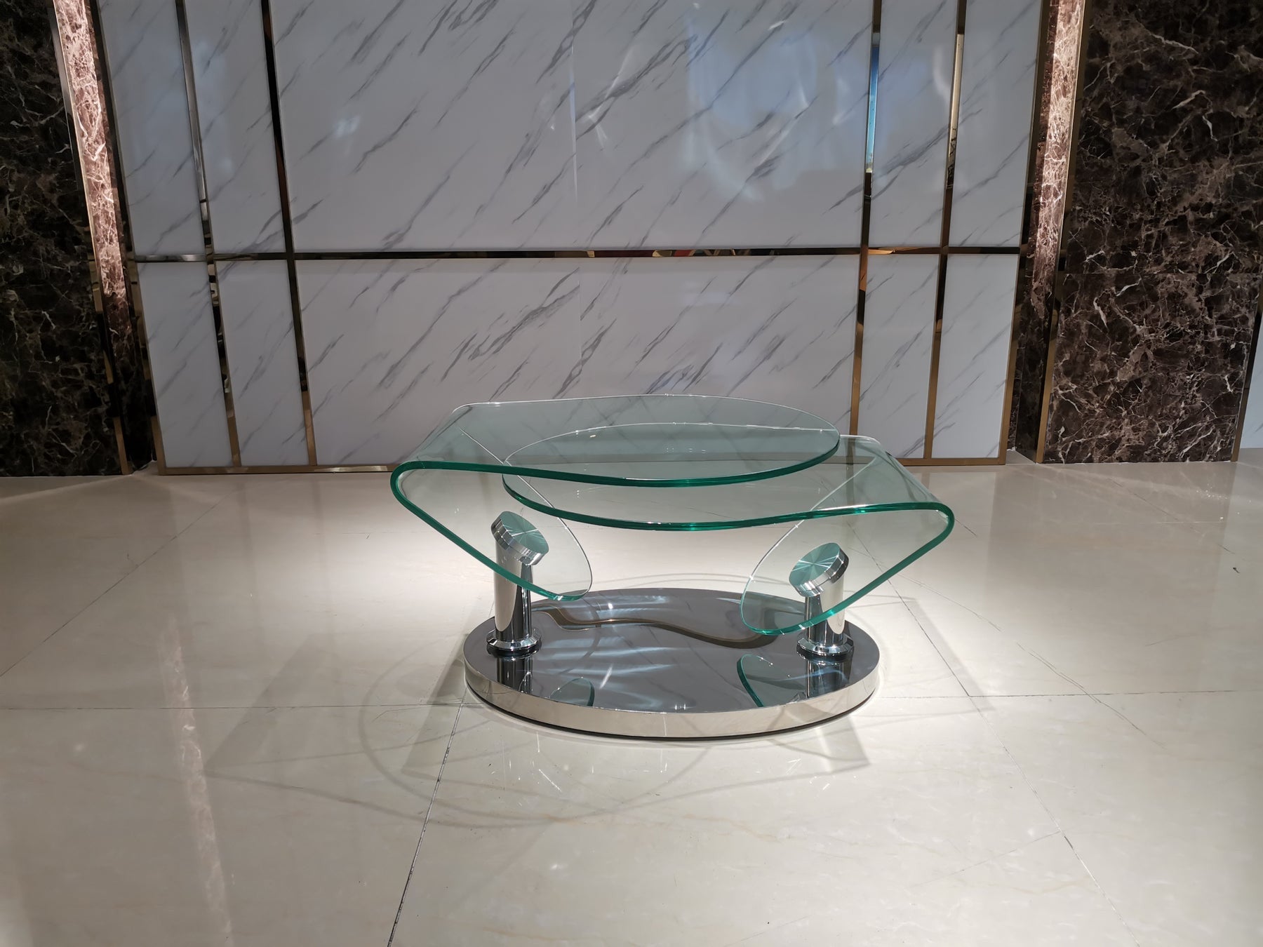 30" Clear And Silver Glass And Metal Oval Abstract Coffee Table-3