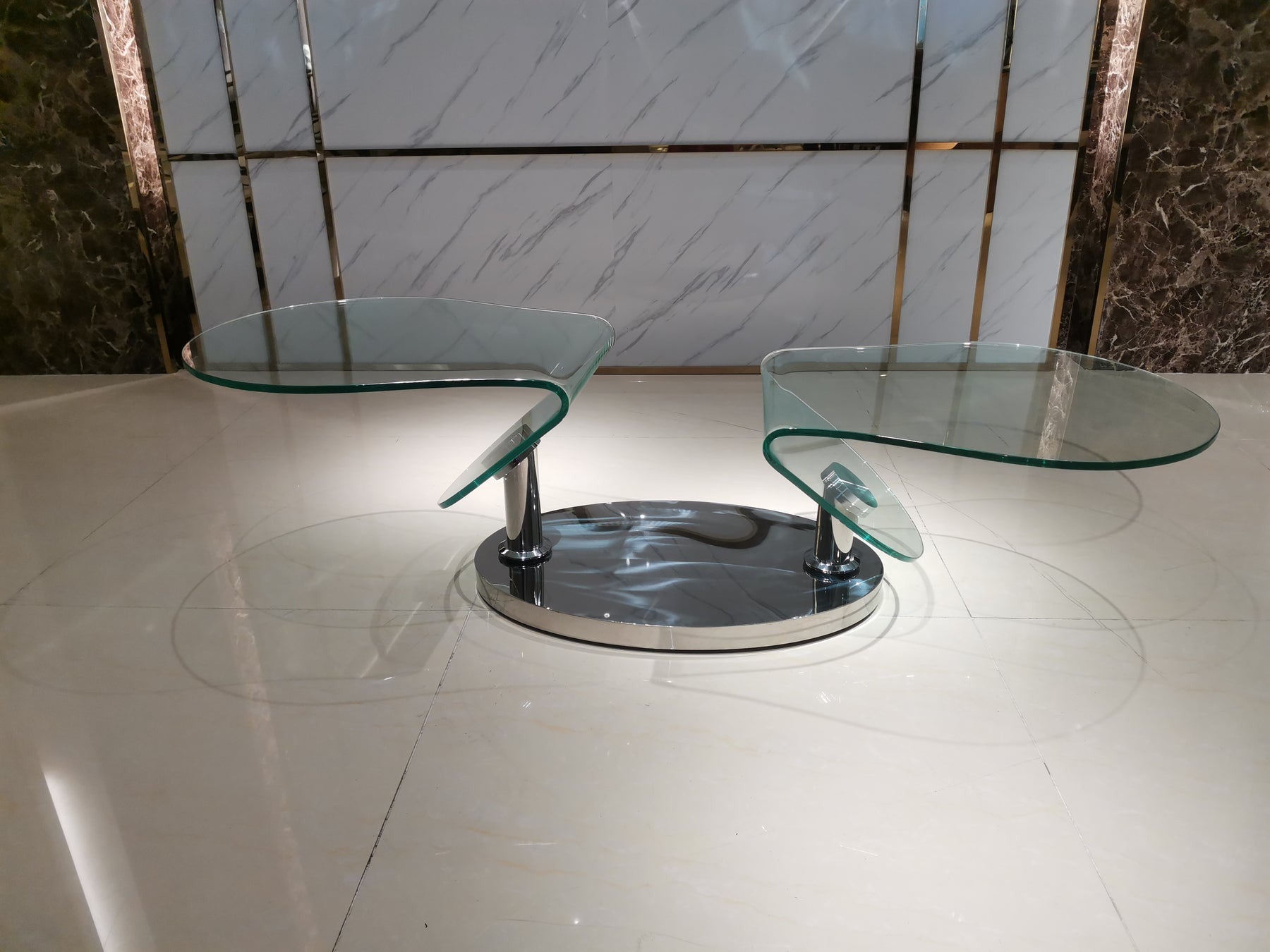 30" Clear And Silver Glass And Metal Oval Abstract Coffee Table-4