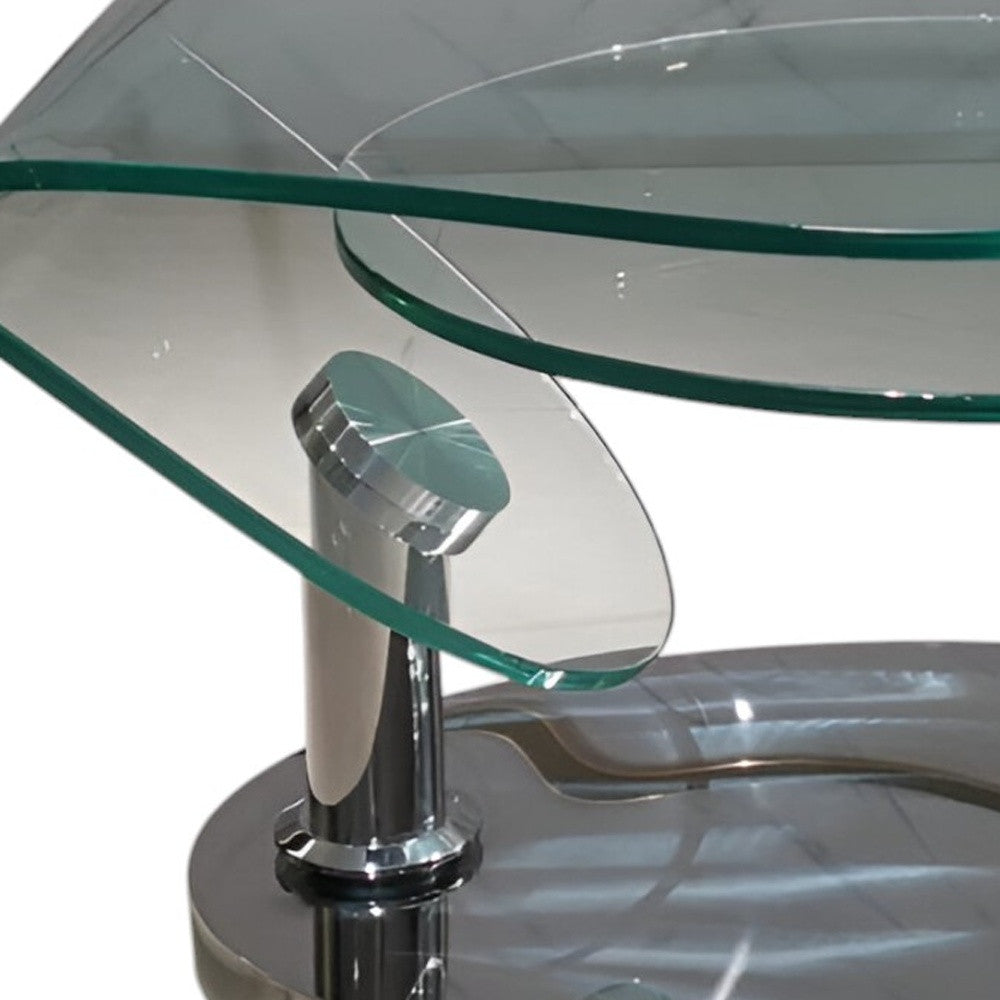 30" Clear And Silver Glass And Metal Oval Abstract Coffee Table-2