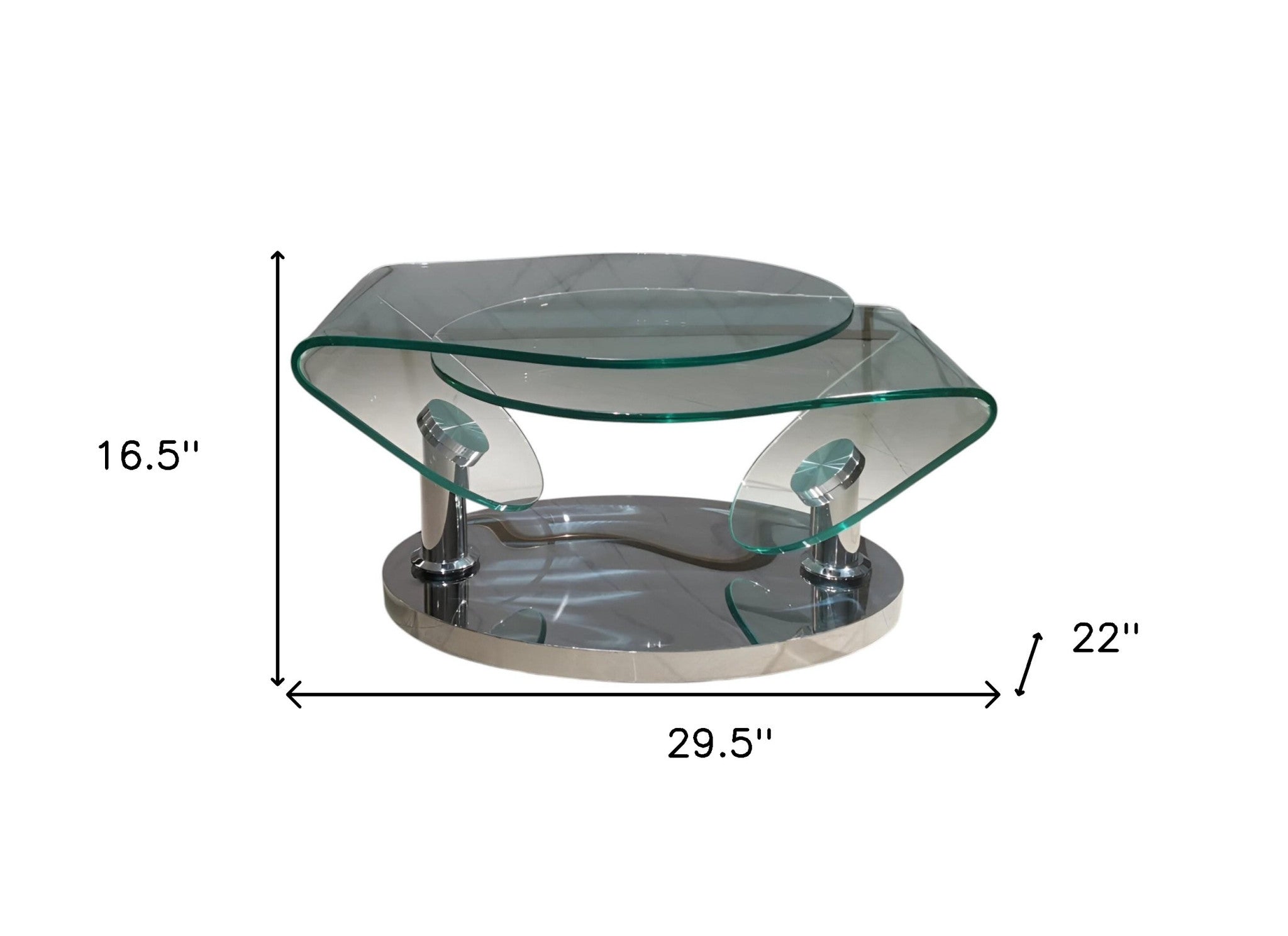 30" Clear And Silver Glass And Metal Oval Abstract Coffee Table-5