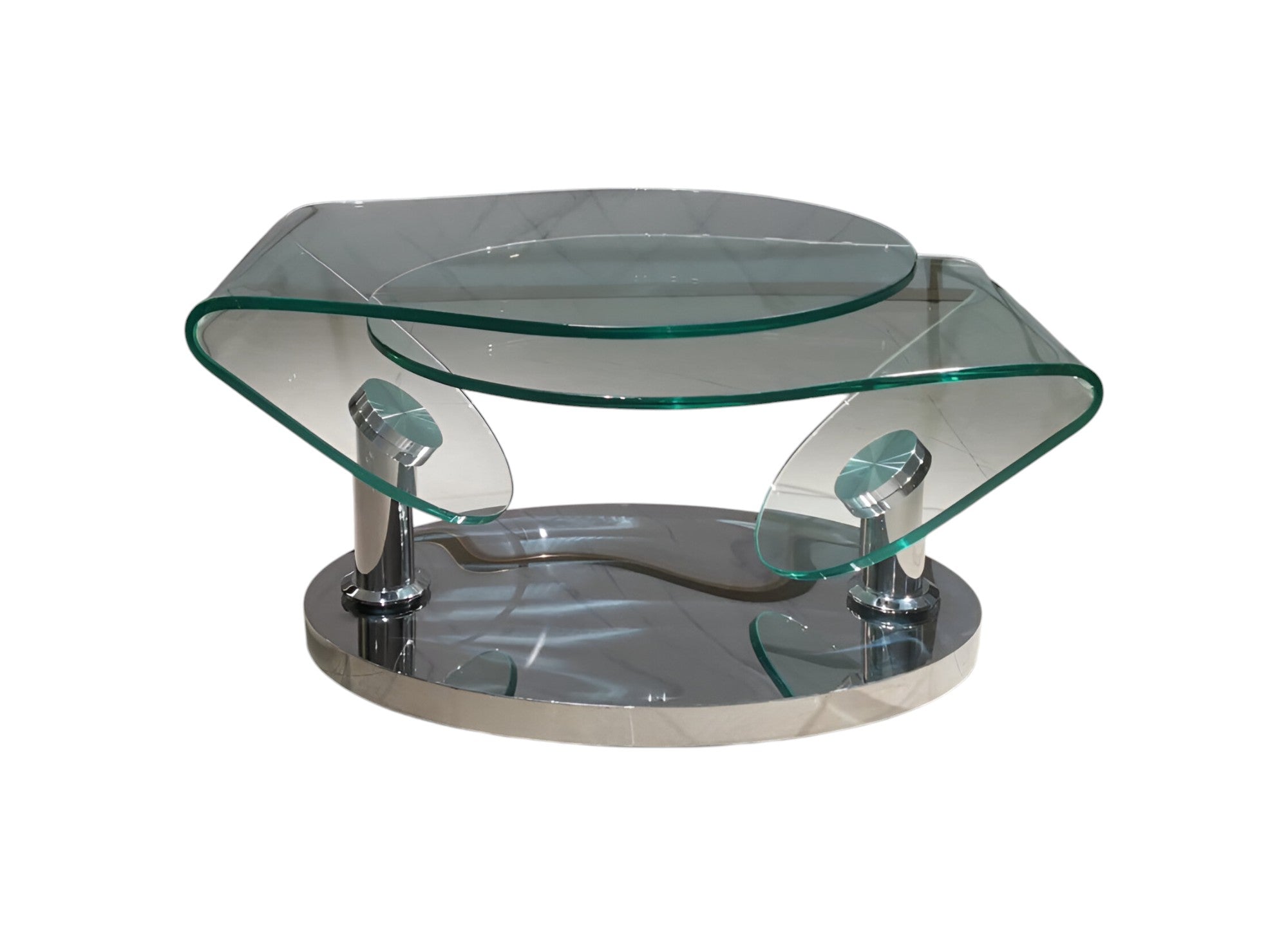 30" Clear And Silver Glass And Metal Oval Abstract Coffee Table-1