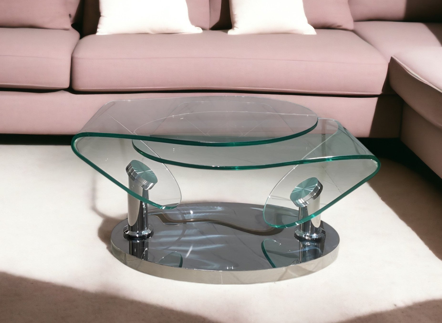 30" Clear And Silver Glass And Metal Oval Abstract Coffee Table-0