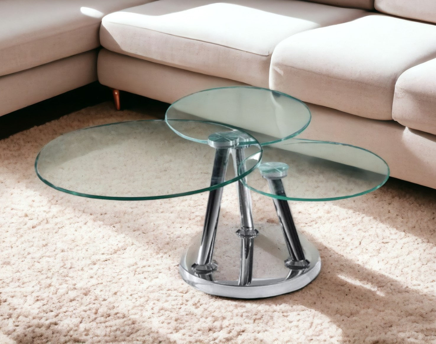 32" Clear And Silver Glass And Metal Round Floor Shelf Coffee Table-0