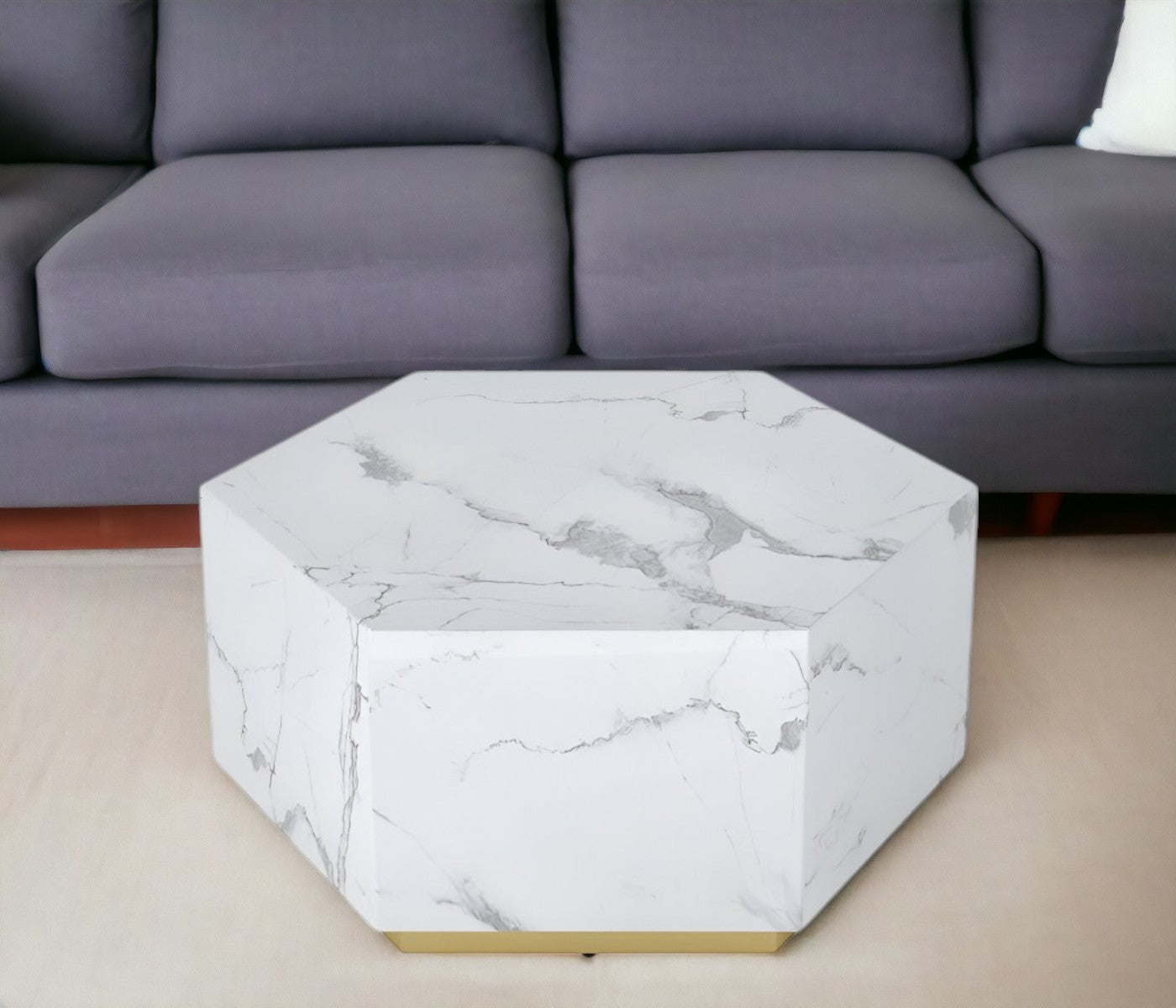 35" White And Gold Faux Marble Hexagon Drum Coffee Table-0