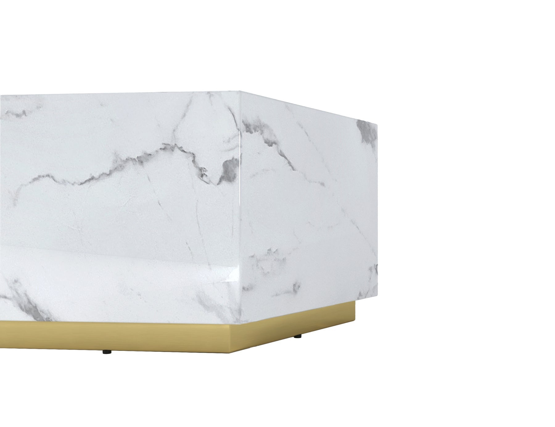 35" White And Gold Faux Marble Hexagon Drum Coffee Table-3