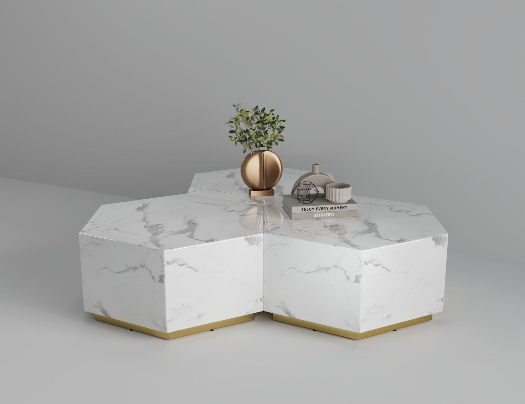 35" White And Gold Faux Marble Hexagon Drum Coffee Table-6