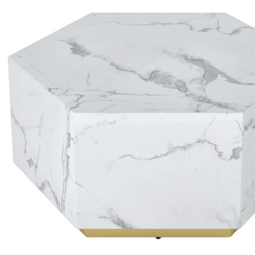 35" White And Gold Faux Marble Hexagon Drum Coffee Table-5
