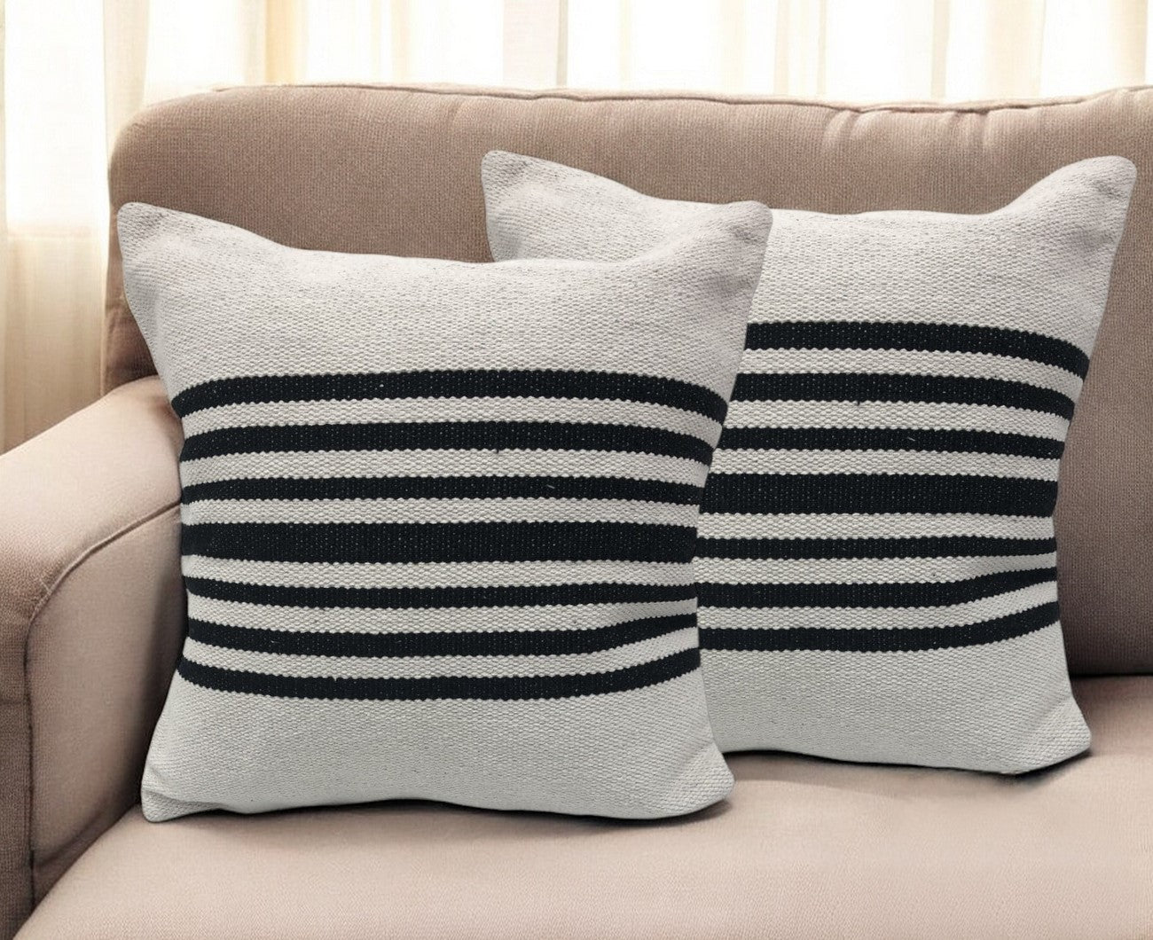 Set of Two Black and White Striped Cotton Throw Pillows-0