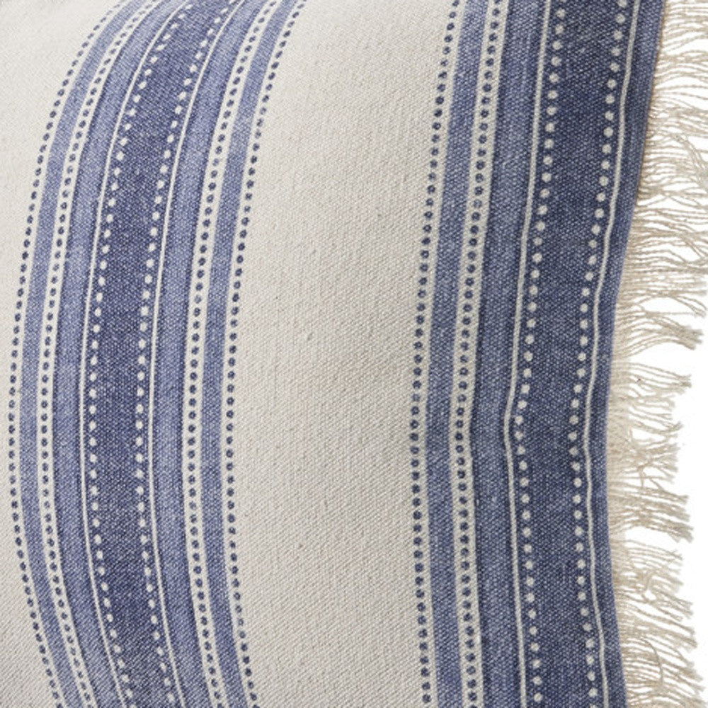 Set of Two 18" Blue and Cream Cotton Throw Pillows with Fringe-5