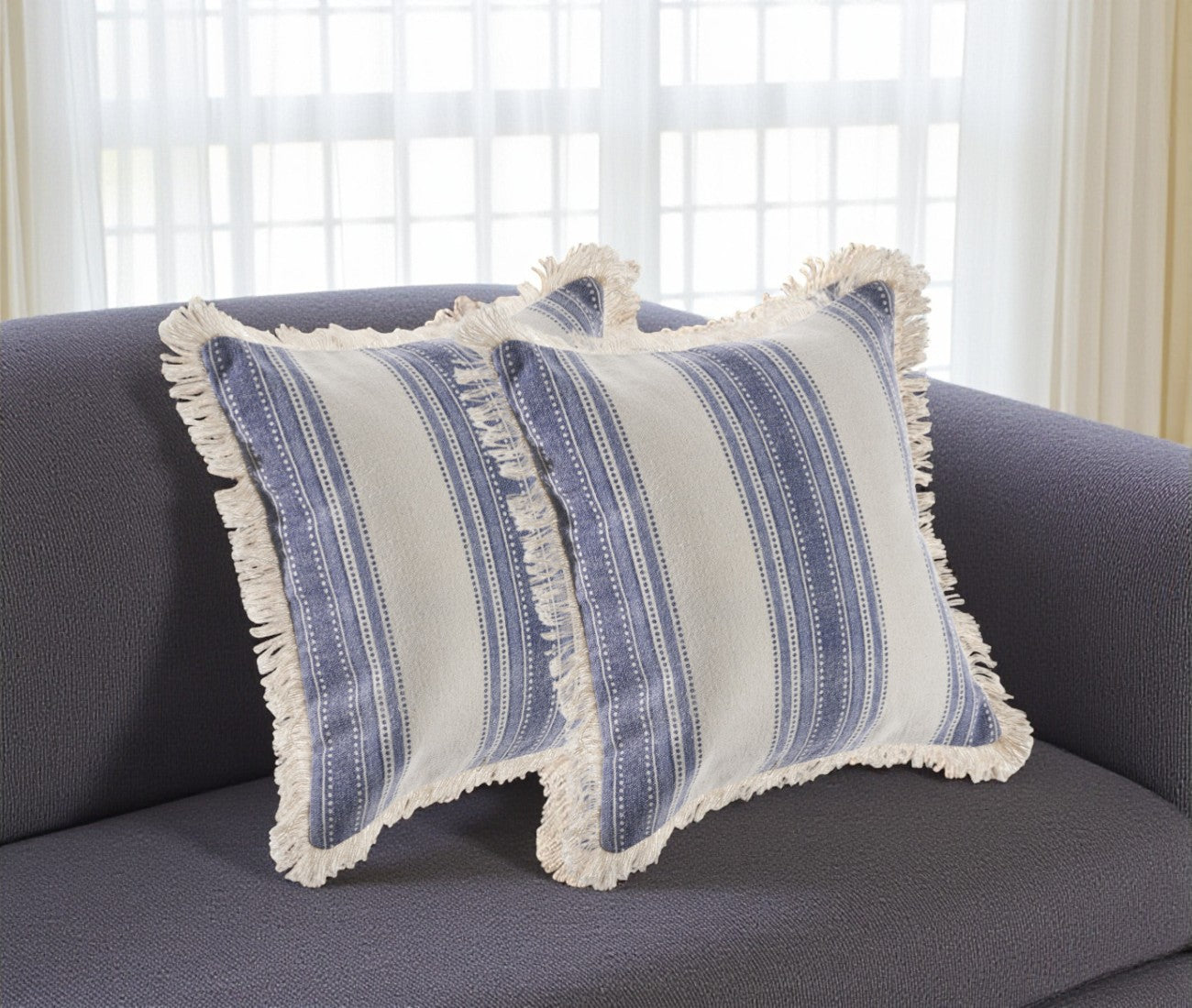Set of Two 18" Blue and Cream Cotton Throw Pillows with Fringe-0