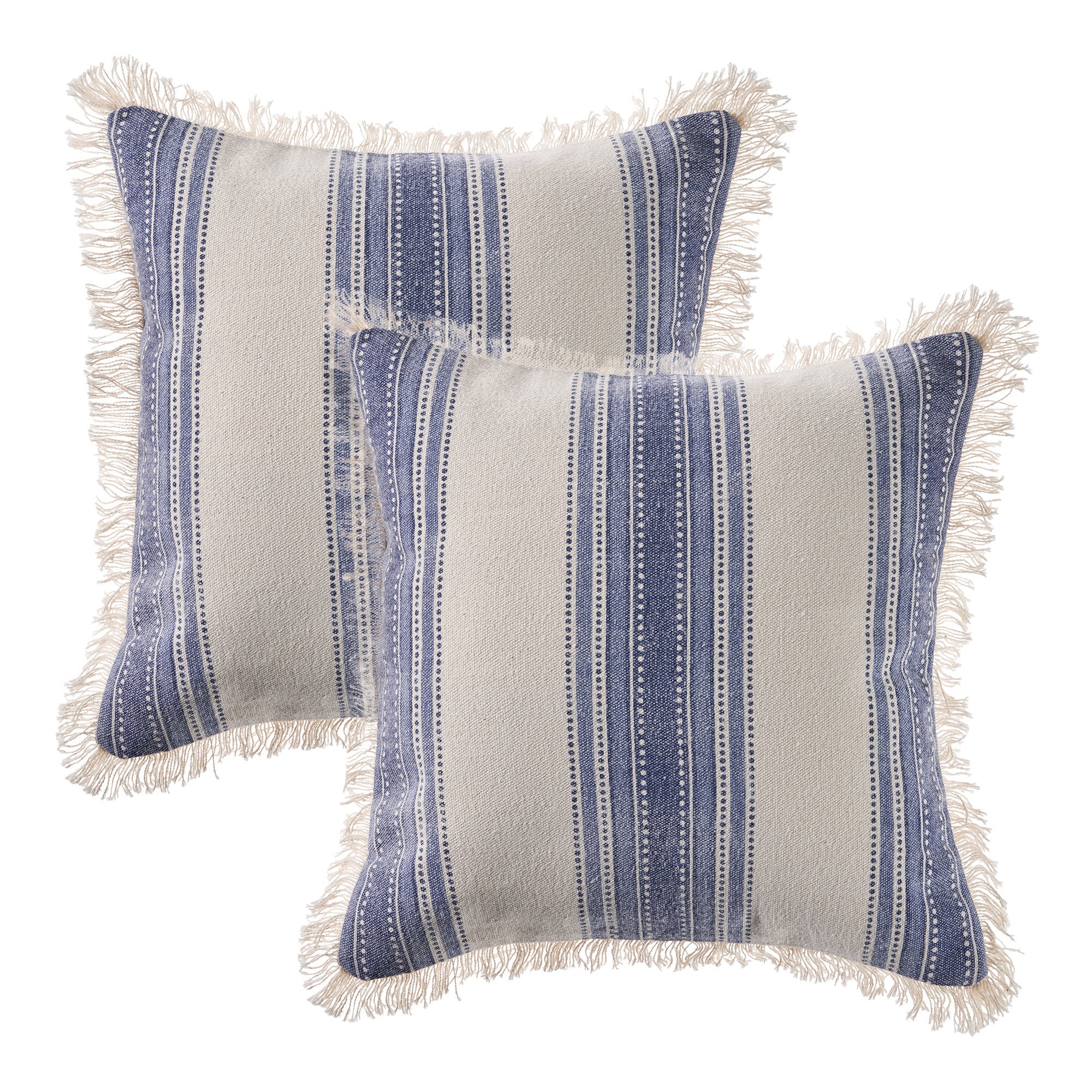 Set of Two 18" Blue and Cream Cotton Throw Pillows with Fringe-1