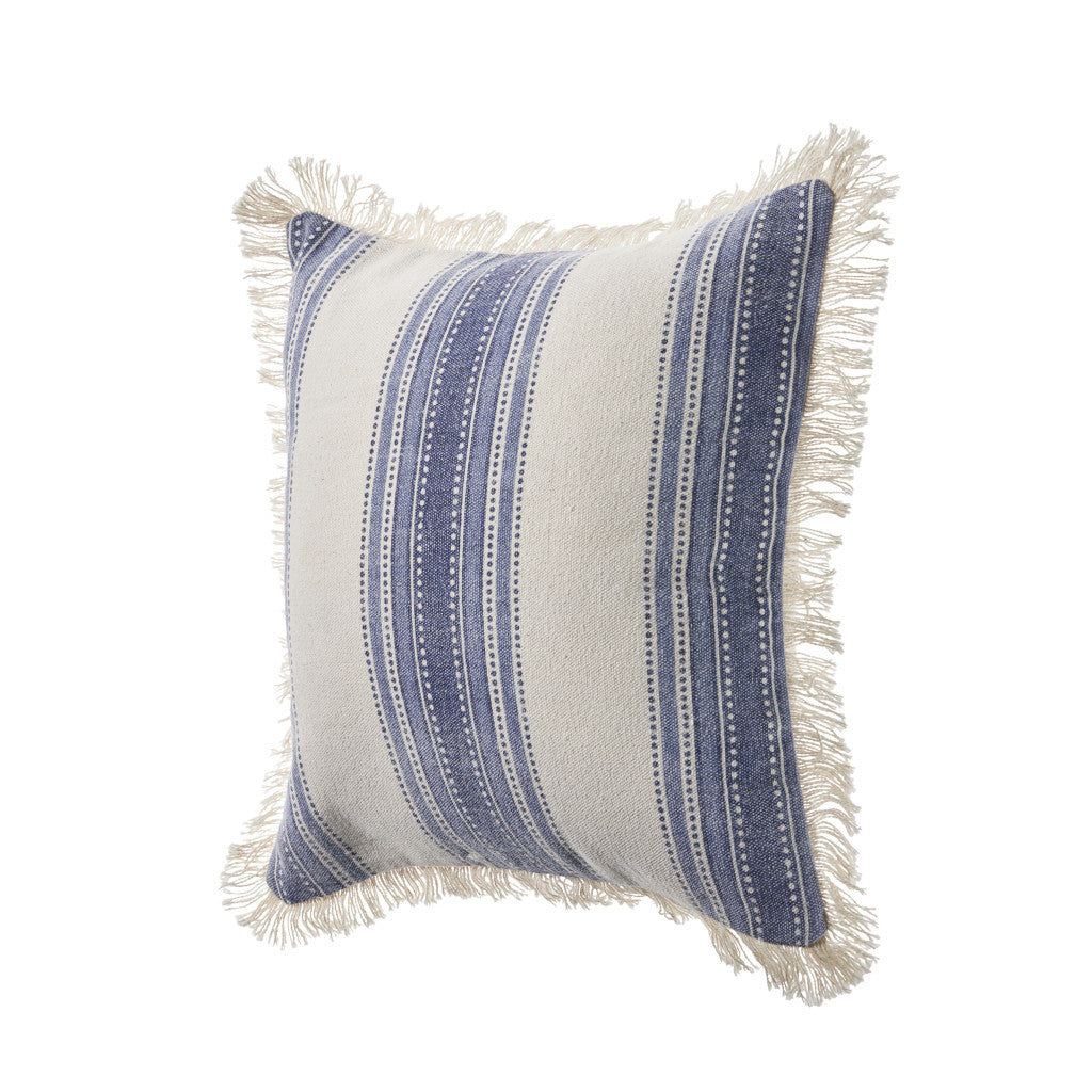 Set of Two 18" Blue and Cream Cotton Throw Pillows with Fringe-2