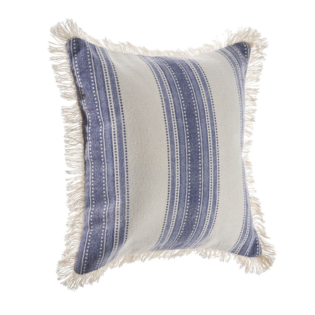 Set of Two 18" Blue and Cream Cotton Throw Pillows with Fringe-4