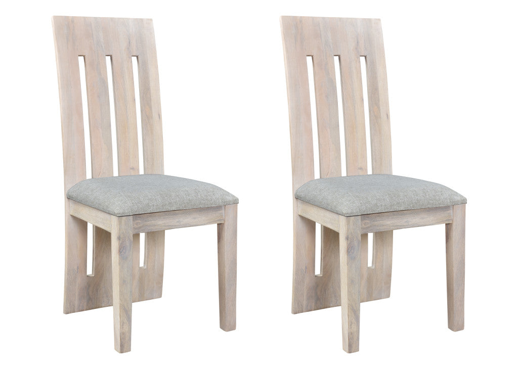 Set of Two Gray and Natural Fabric And Wood Slat Back Dining Side Chairs-5