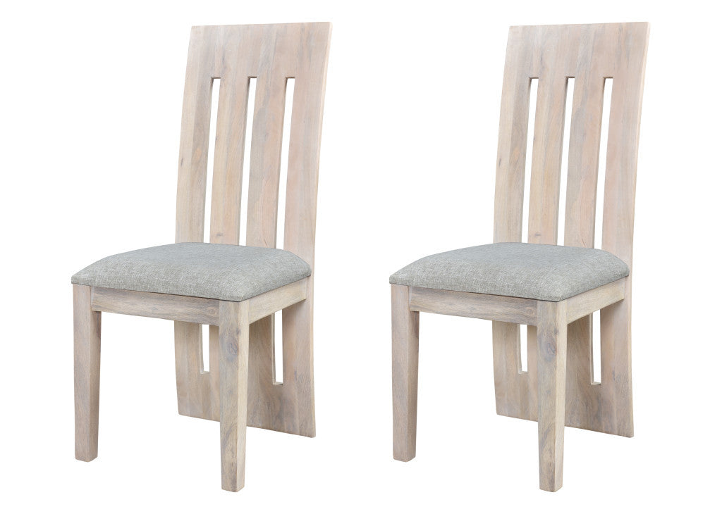 Set of Two Gray and Natural Fabric And Wood Slat Back Dining Side Chairs-6