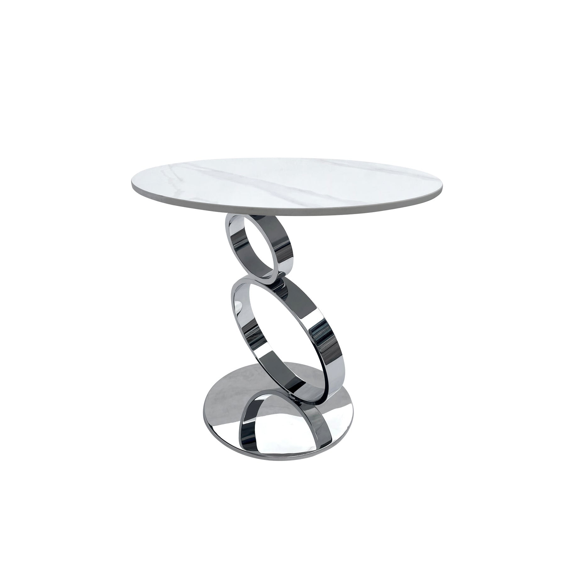 21" White And Silver Stone And Stainless Steel Round Pedestal End Table-1