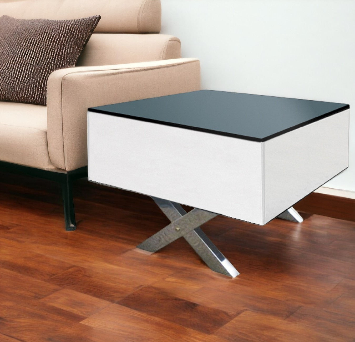 20" Black And White Mirrored Glass Square Cross Legs End Table-0