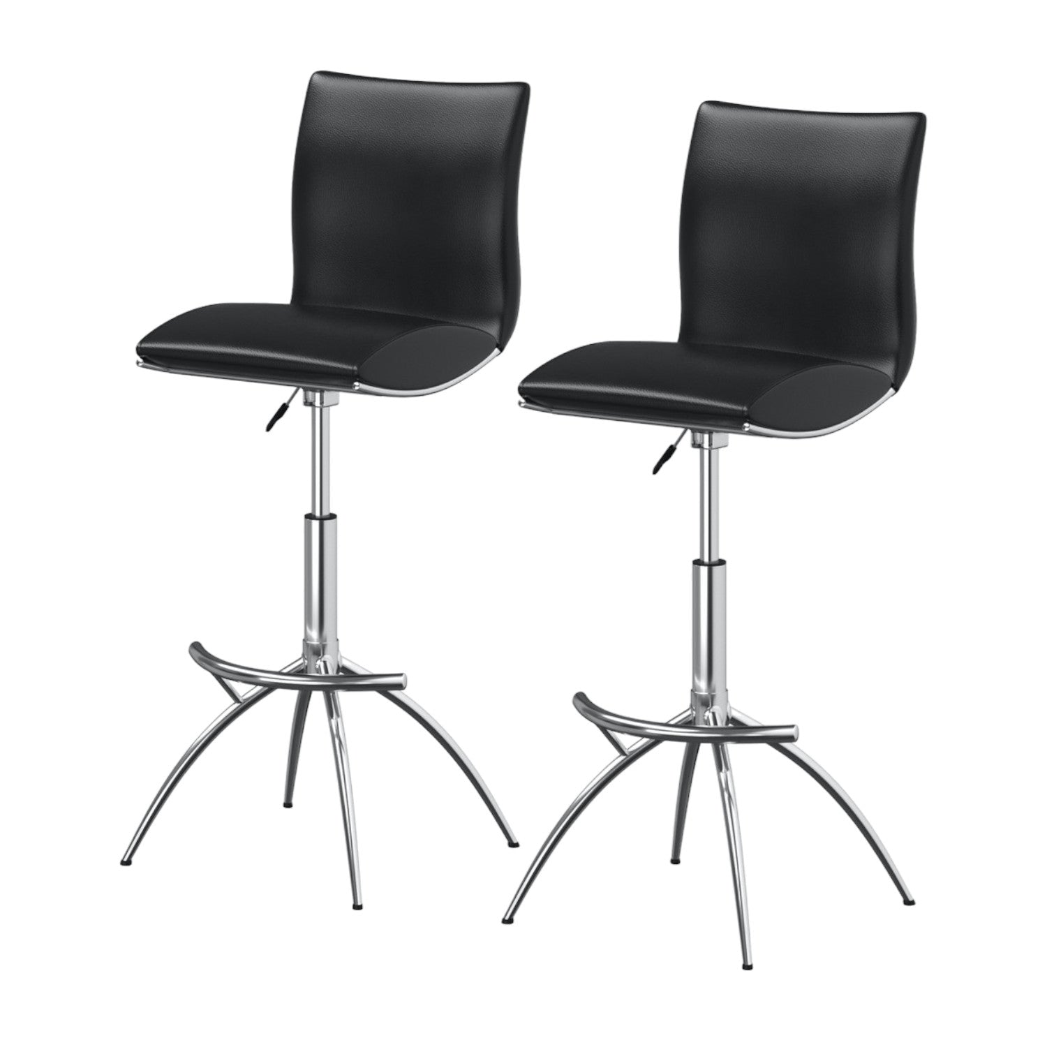 Set of Two Black and Silver Faux Leather and Metal Low Back Adjustable Height Bar Chairs-1