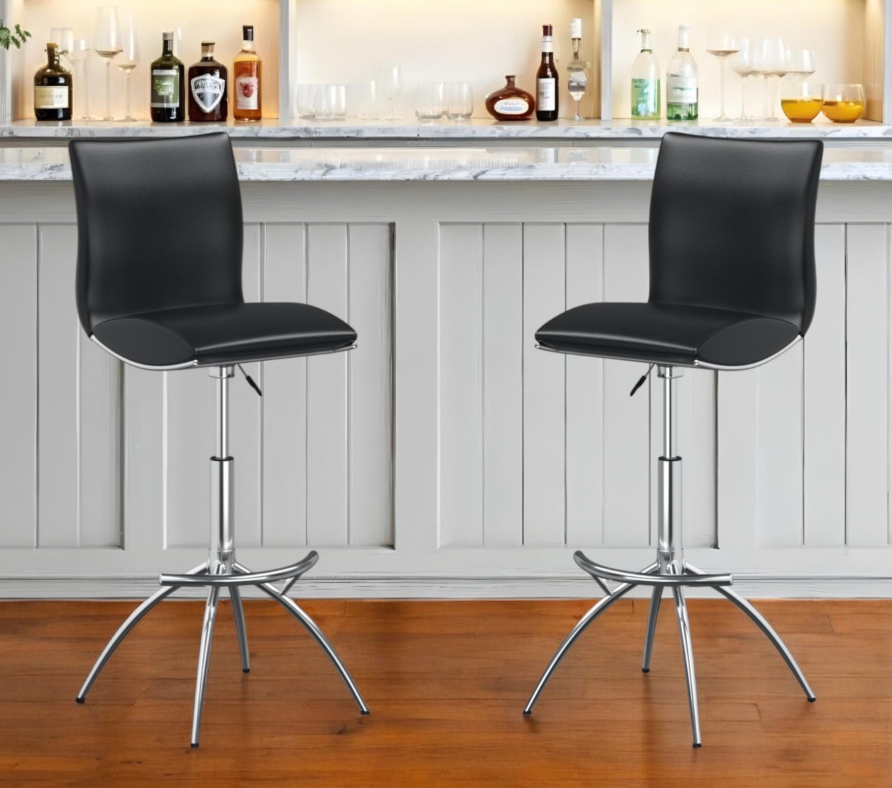 Set of Two Black and Silver Faux Leather and Metal Low Back Adjustable Height Bar Chairs-0