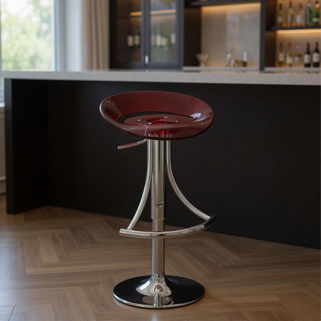 Red and Silver Acrylic and Metal Low Back Adjustable Height Bar Chair-0