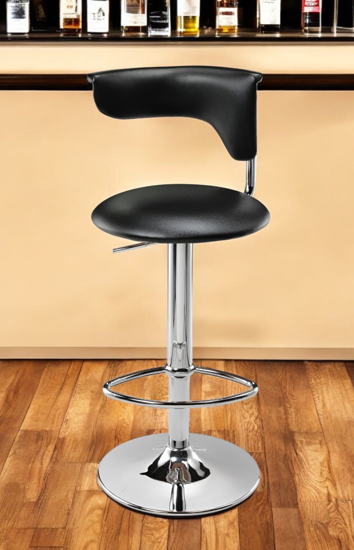 Black and Silver Faux Leather and Metal Low Back Adjustable Height Bar Chair-0