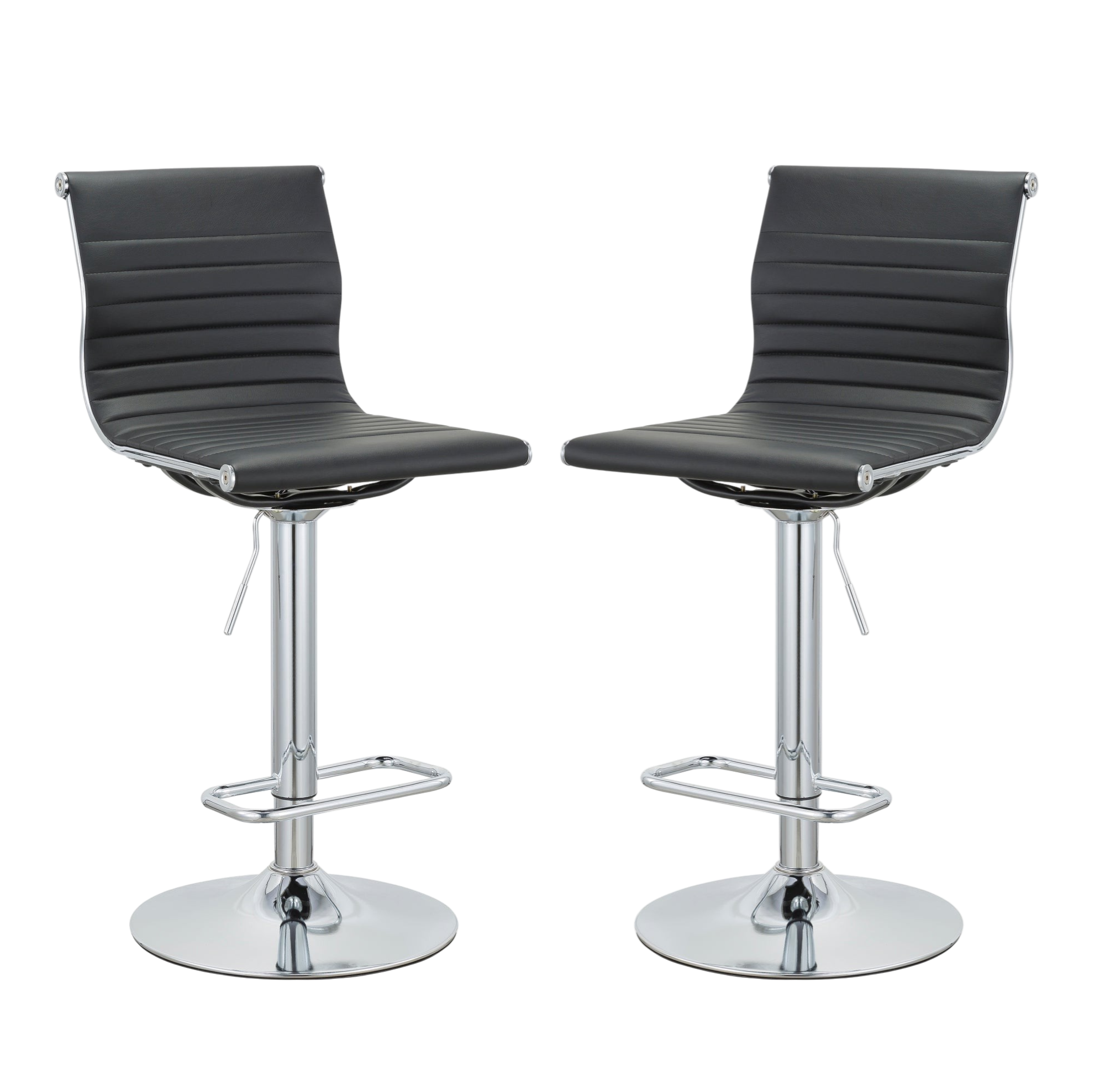 Set of Two Black and Silver Faux Leather and Metal Low Back Adjustable Height Bar Chairs-1