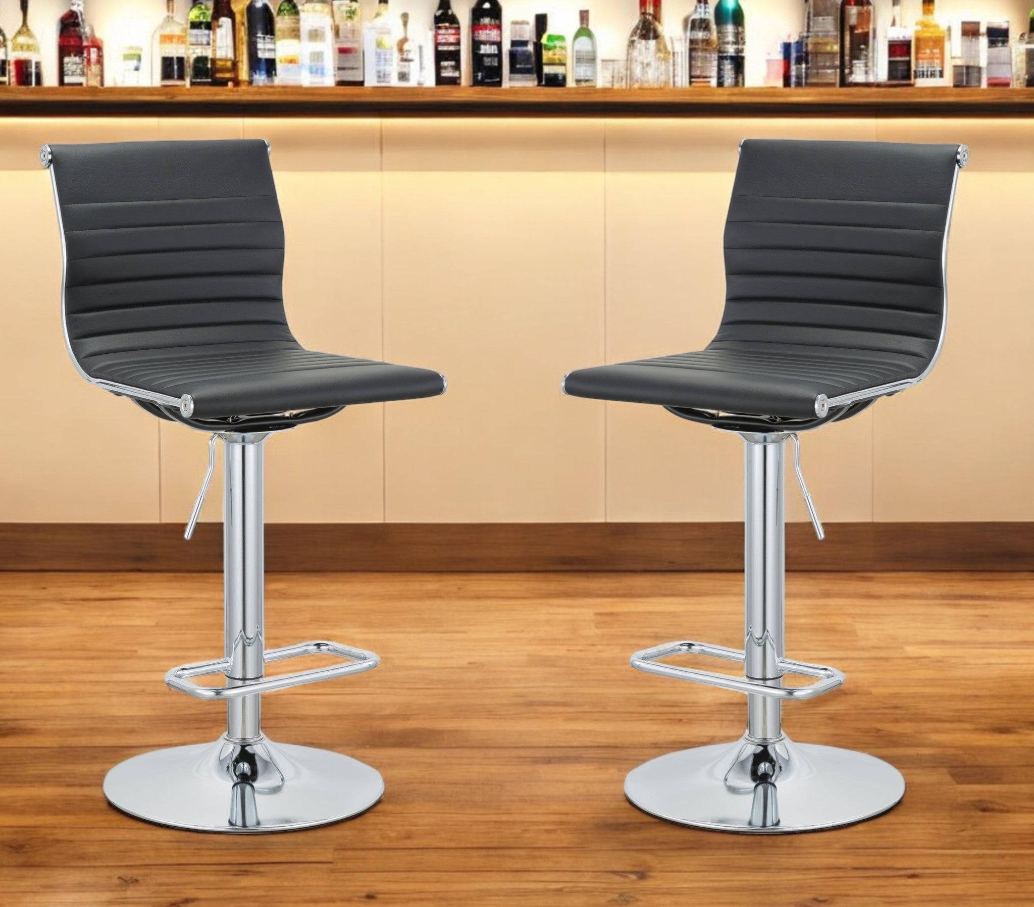 Set of Two Black and Silver Faux Leather and Metal Low Back Adjustable Height Bar Chairs-0