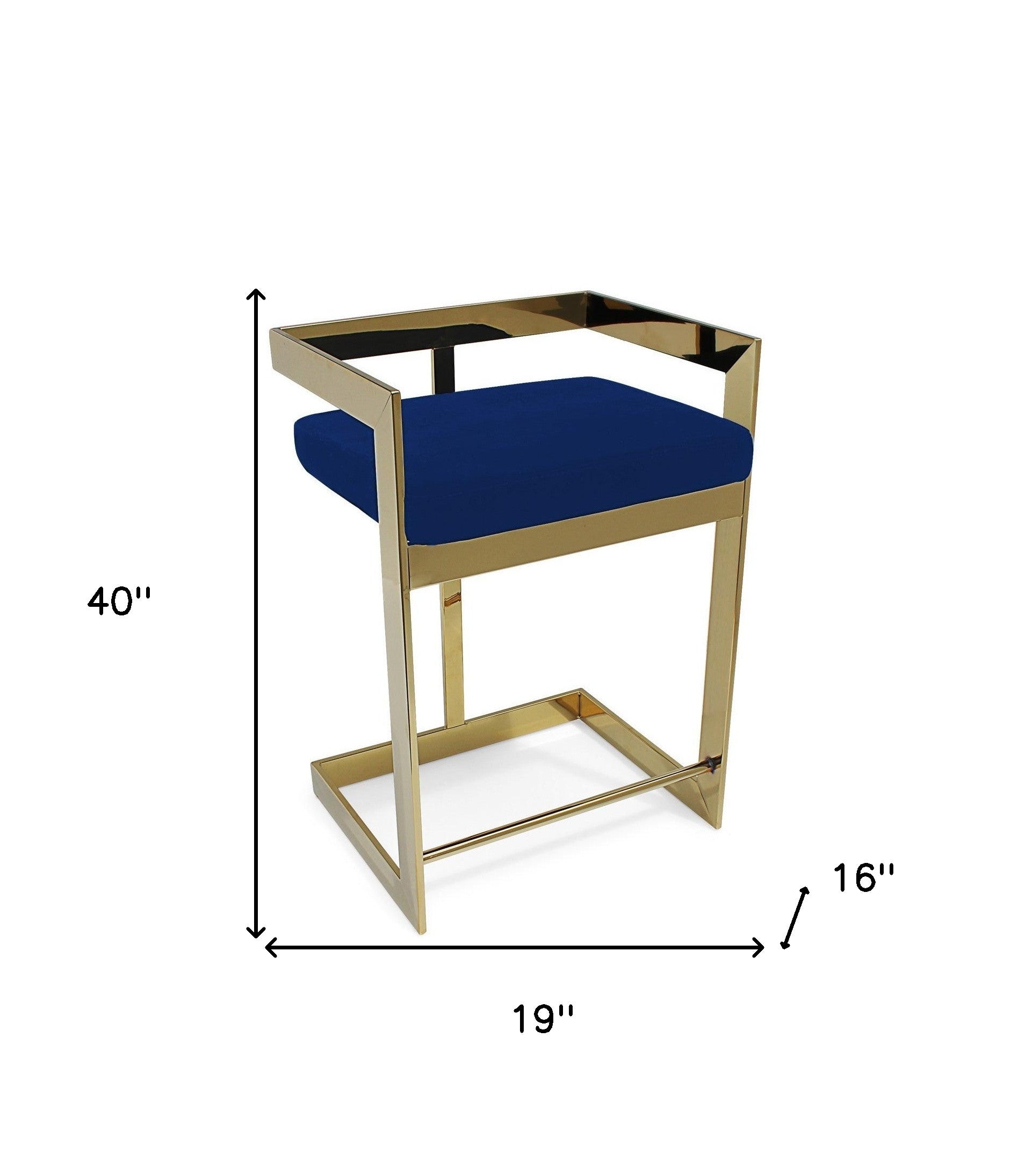 30" Blue and Gold Metal and Velvet Low Back Bar Height Bar Chair-4