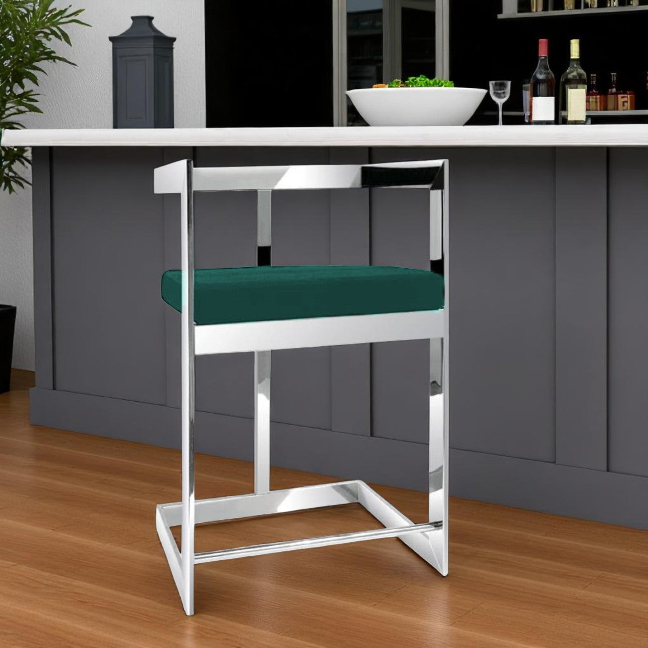 30" Green and Silver Metal and Velvet Low Back Bar Height Bar Chair-0