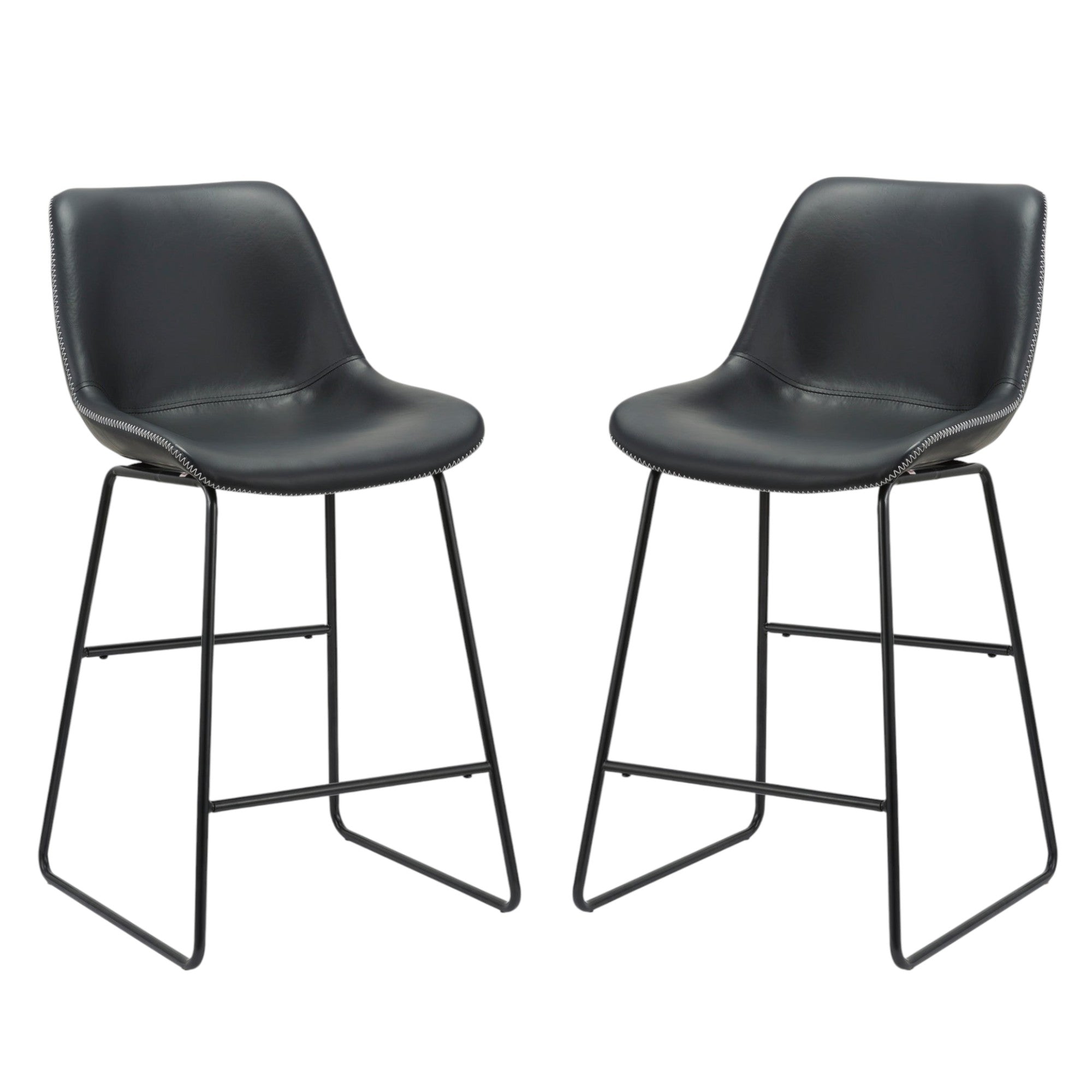 Set of Two Black Faux Leather and Metal Low Back Counter Height Bar Chairs-1