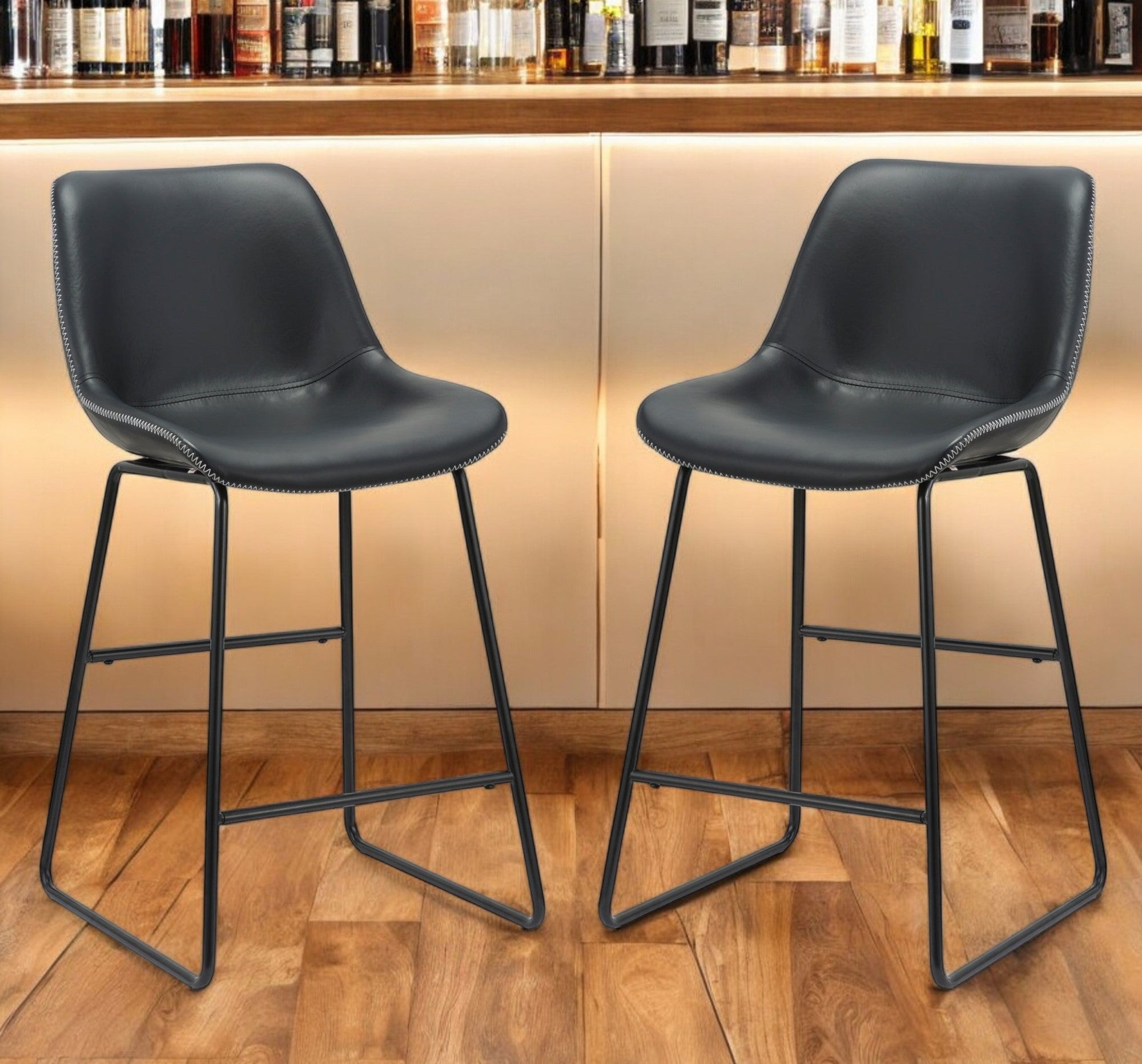 Set of Two Black Faux Leather and Metal Low Back Counter Height Bar Chairs-0