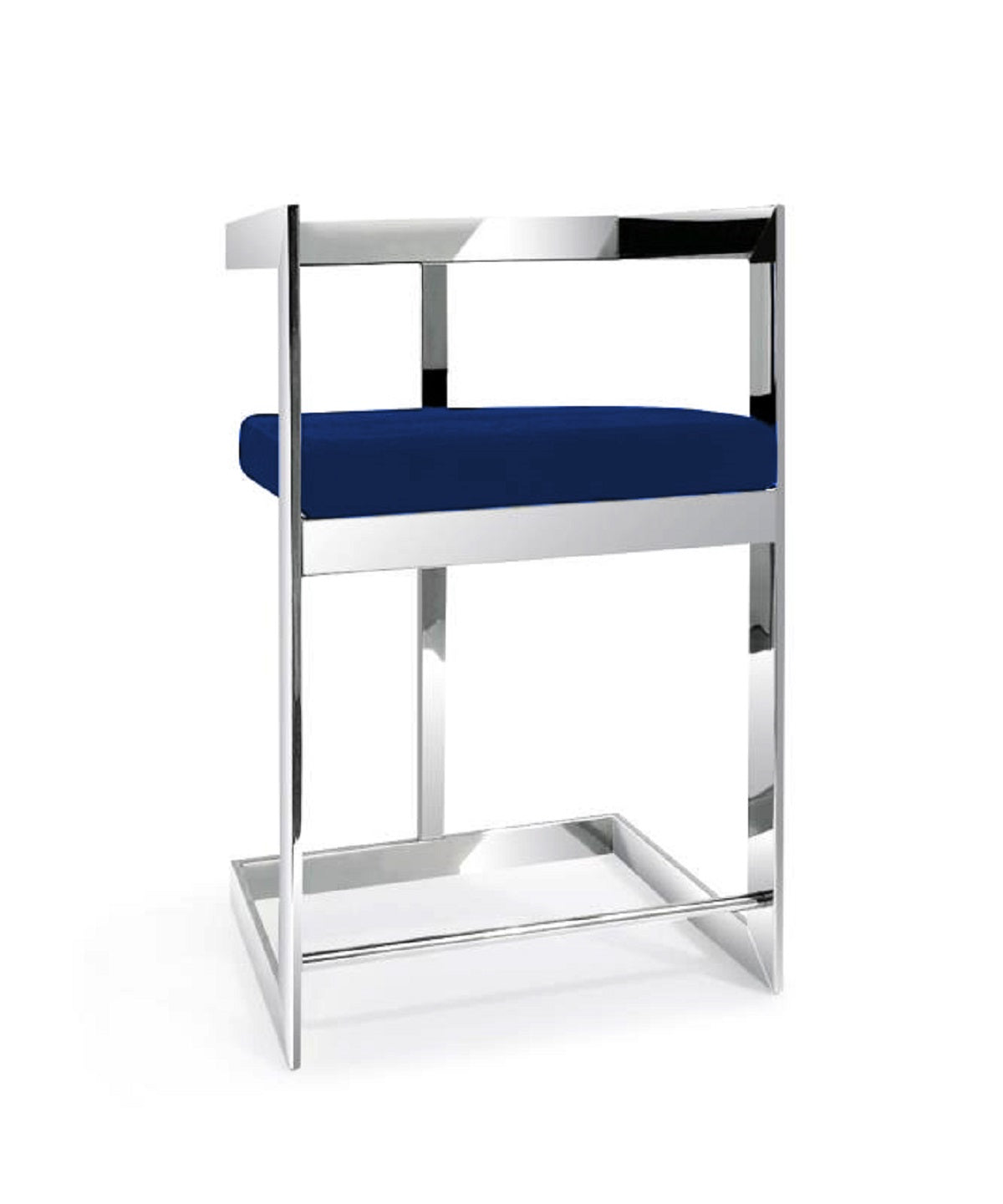 26" Blue and Silver Metal and Velvet Low Back Counter Height Bar Chair-1