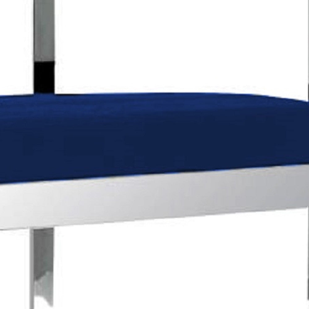 26" Blue and Silver Metal and Velvet Low Back Counter Height Bar Chair-3